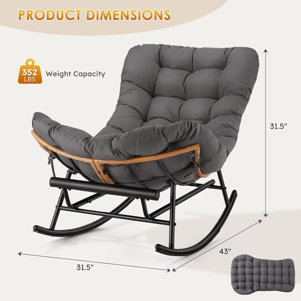 Garvee Papasan Rocking Chair with Foot Rest, Oversized Papasan Chair with Thick Removable Cushion and Metal Frame, Lounge Chairs and PE Rattan Rocker for Patio, Porch, Garden, Lawn, Living Room