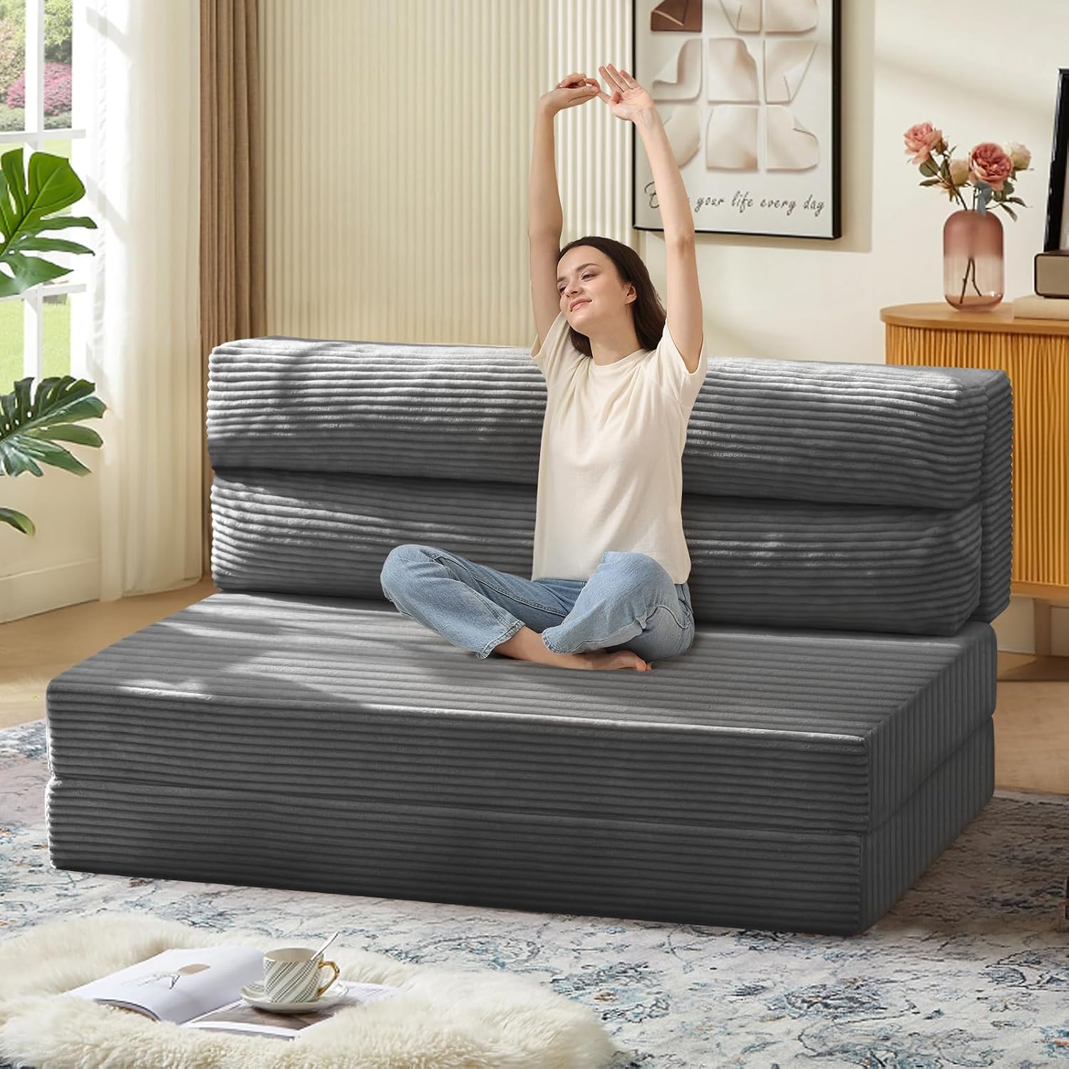 JUIKURY Folding Sofa Bed, Convertible Sleeper Chair with Pilow Foldable Matress, 2 in 1 Pull Out Loveseat Sofa Portable Fold Out Chair Bed Floor Couch Lounge for Living Room Bedroom (Grey, Full)