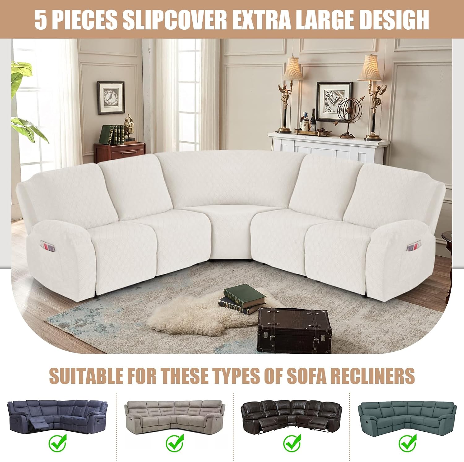 VANSOFY Extra Large Reclining Sectional Couch Covers, Washable 5-Piece Sofa Covers for L Shape Sectional Sofa Corner Seater, Thick, Soft Sofa Slipcovers (5 Seat Recliner Cover, Off White)