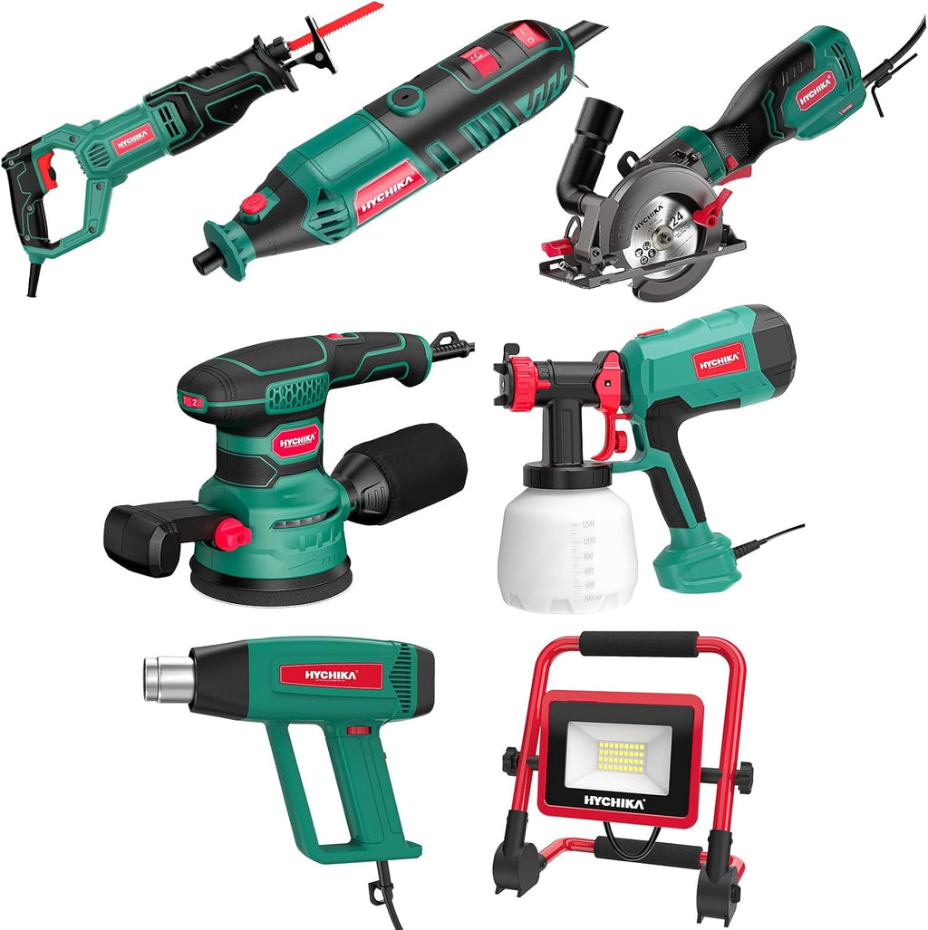 HYCHIKA Heat Gun,Orbital Sander 3.8Amp 450W,6.2A Mini Circular Saw,Reciprocating Saw,180W Rotary Tool,Paint Sprayer,50W LED Work Light,7-Tool Power Tool Combo Kit