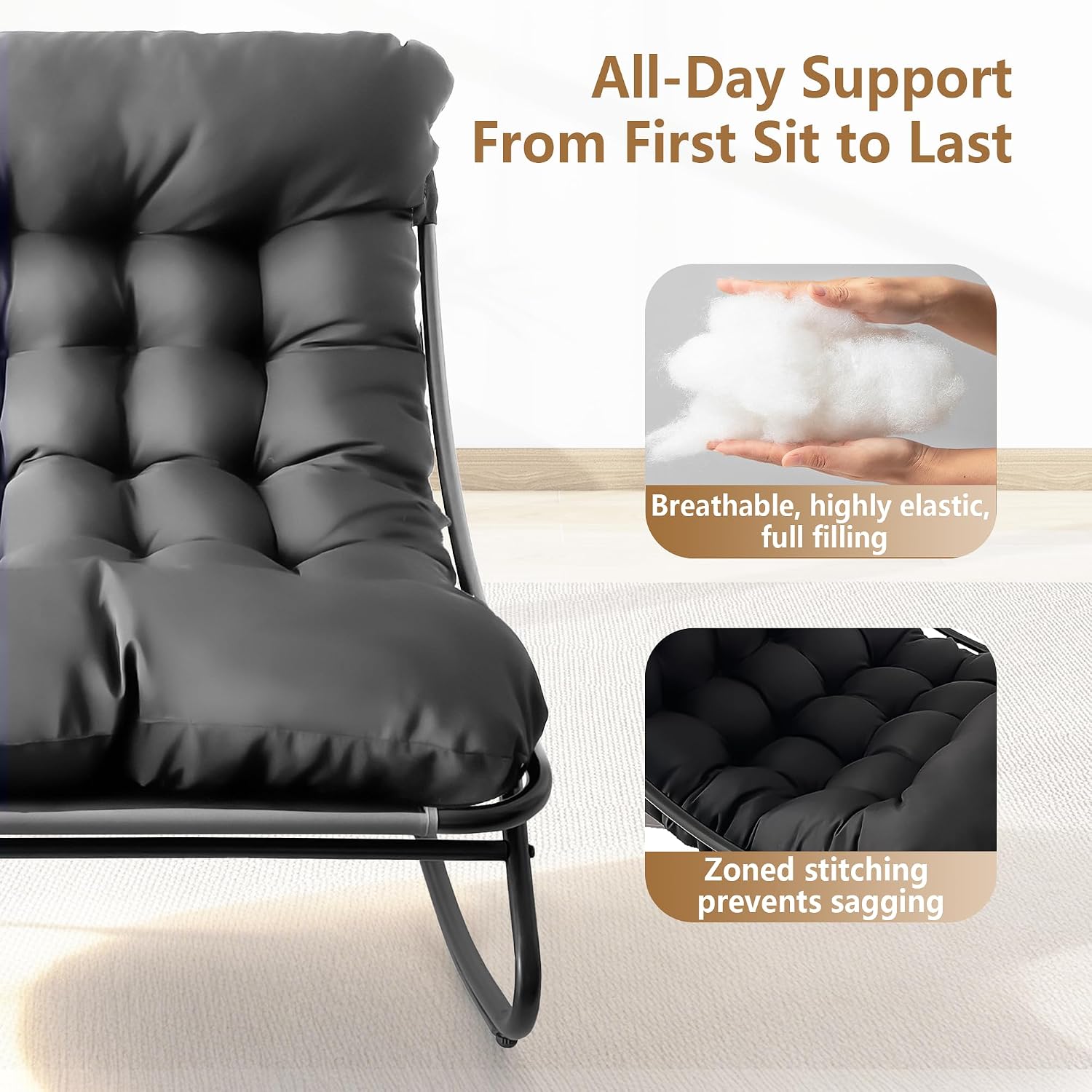 Outdoor Rocking Chair with Ottoman, Comfy Oversized Papasan Chair, Modern Upholstered Egg Gliders, 300 Lbs Wide Recliner Lounge Rocker for Bedroom, Living Room, Patio, Porch, Balcony (Grey)