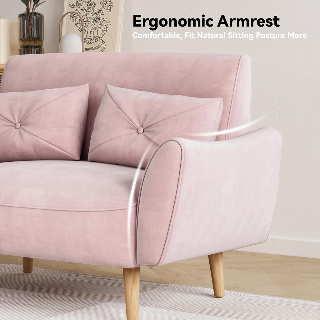 Brelice Loveseat Sofa, 47' Velvet Couch for Bedroom, Convertible Wooden Tray & Ergonomic Armrest, for Small Space, Apartment, Living Room, Home Office, Easy Assembly, Pink
