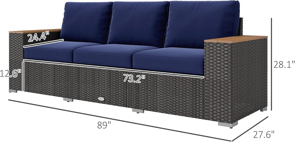 Outsunny 3-Seat Outdoor Patio Sofa with 24.5' Extra Wide Deep Seats, PE Wicker Sofa with Wide Wood Effect Armrests and 4' Cushions, Rattan Outdoor Couch for Porch, Garden, Poolside, Navy Blue