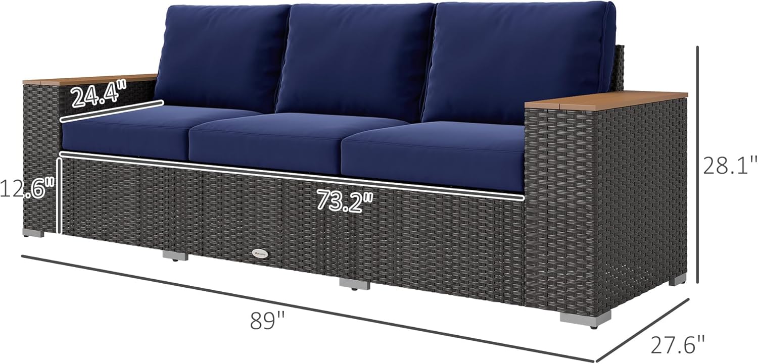 Outsunny 3-Seat Outdoor Patio Sofa with 24.5' Extra Wide Deep Seats, PE Wicker Sofa with Wide Wood Effect Armrests and 4' Cushions, Rattan Outdoor Couch for Porch, Garden, Poolside, Navy Blue
