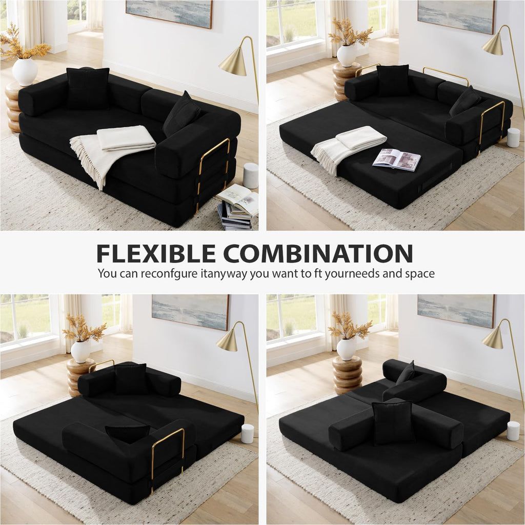 4-in-1 Folding Convertible Sofa Bed, 78 Inch Boneless Couch with Fixed-Shape Frame, Corduroy Loveseat Sleeper with Pull Out Bed, Floor Sofa Modular Futon Couch for Living Room Bedroom Lounge (Black)