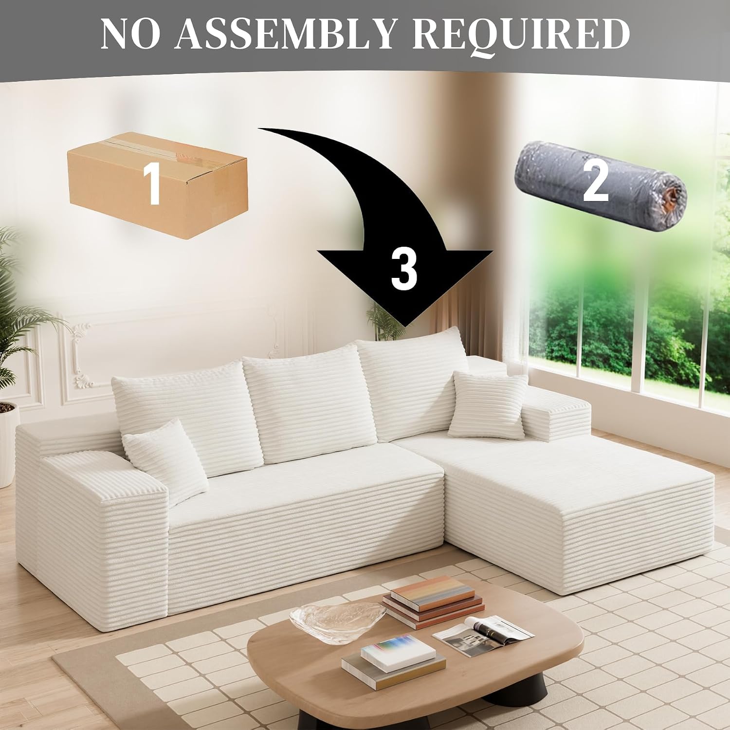 108' Boneless Couches for Living Room, L Shaped Comfy Cloud Modular Sectional Memory Foam Deep Seat Boneless Couch, No Assembly Required Boneless Sofa for Living Room with Right Facing Chaise, White