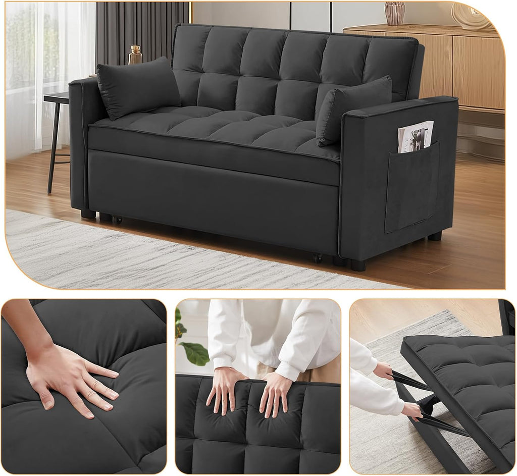 CAPCAEK 3 in 1 Convertible Sleeper Sofa Bed, Modern Velvet Loveseat Pull-Out Couch w/Pullout Bed, Small Love Seat Lounge Sofa w/Reclining Backrest,Toss Pillows, Pockets, for Living Room(Black, 55.1)