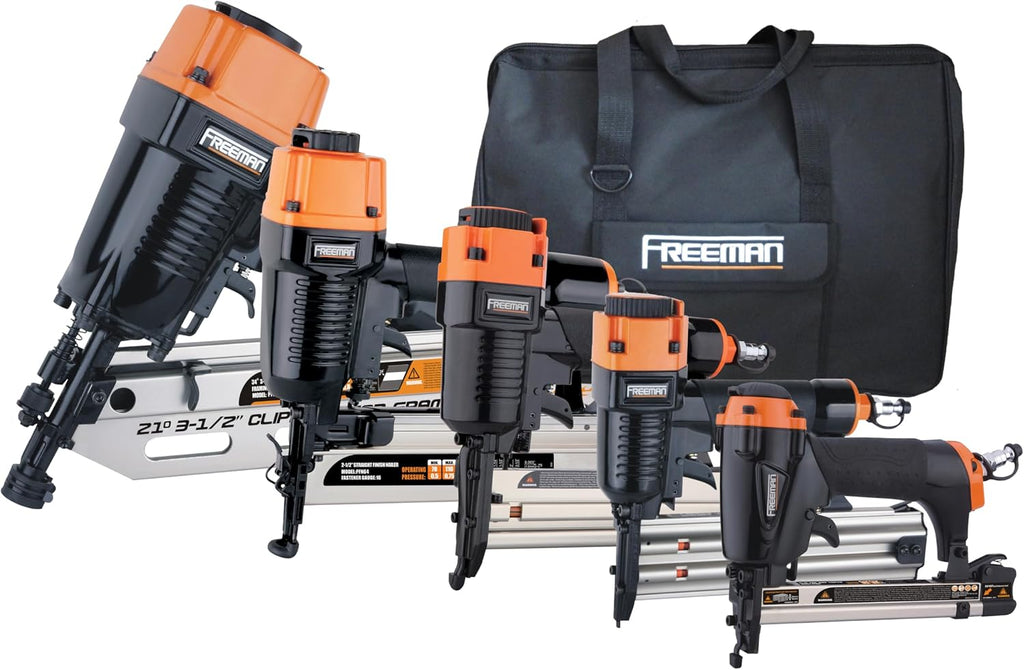 Freeman P5FRFNFWSCB Pneumatic Framing and Finishing Nailers and Staplers Combo Kit with Canvas Bag and Fasteners (5-Piece),Black
