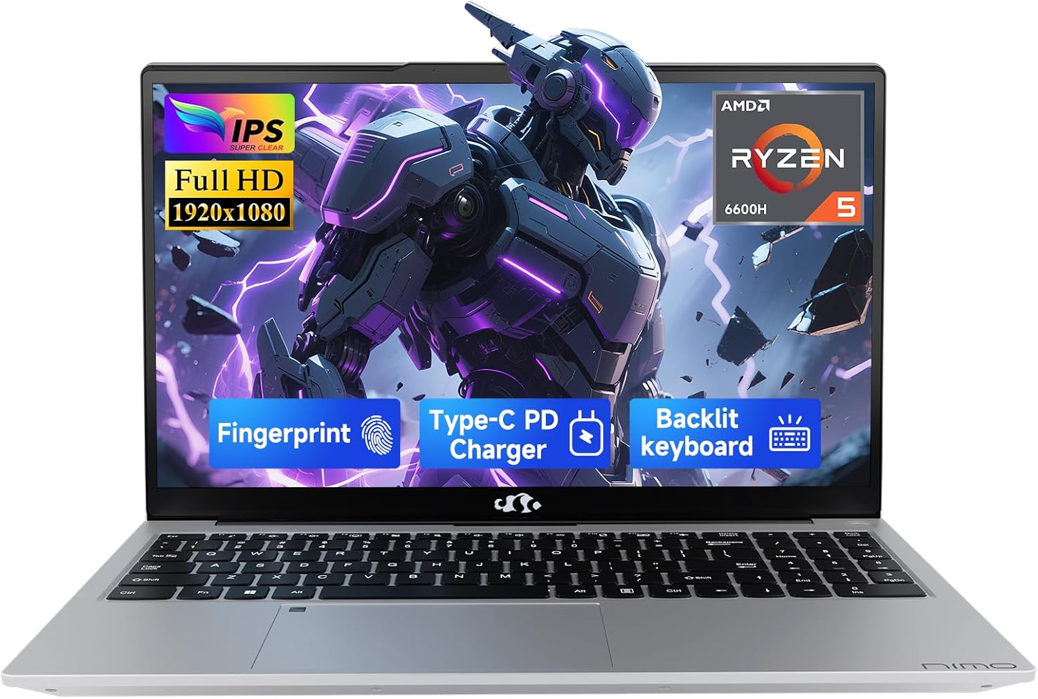 NIMO 15.6' IPS FHD-Gaming-Laptop,AMD Ryzen 5 6600H 16GB DDR5 RAM 512GB SSD (Beat i5-1335U, 6 Cores Up to 4.5GHz) AMD Radeon 660M GPU-Computer with 100W Type-C Backlit Keyboard Fingerprint