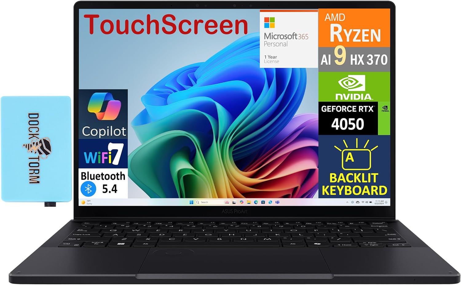 ASUS ProArt PX13 AI Gaming 2-in-1 Laptop 13.3' Touchscreen AMOLED 2.8K Display (AMD Ryzen AI 9 HX 370, 32GB LPDDR5X, 2TB M.2 PCIe SSD, Win 11 Home) with MS 365 Personal, DKZ USB Port Expander