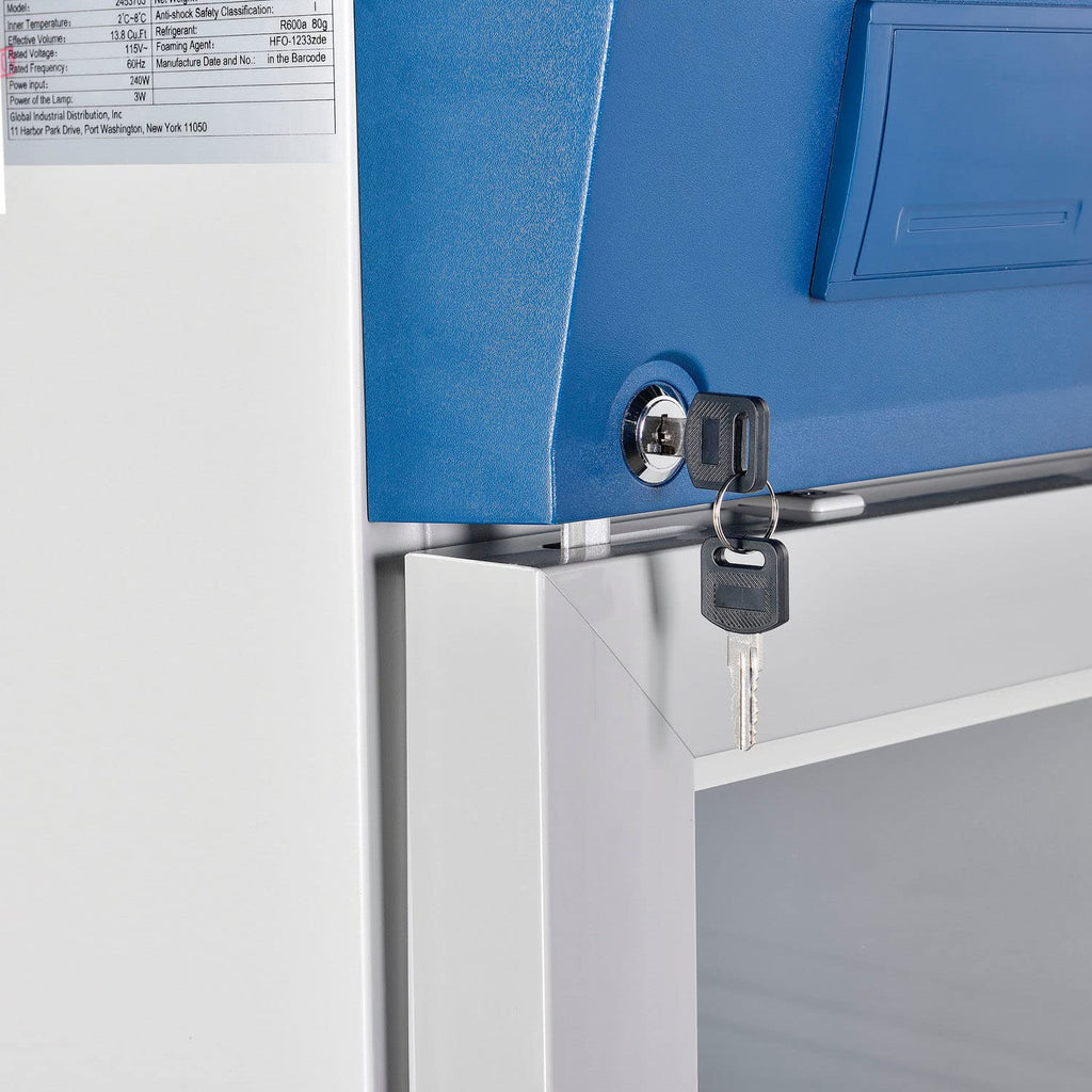 Global Industrial Upright Laboratory Refrigerator, Glass Door with Key Lock & Padlock Kit, 13.8 Cu.Ft. Capacity, 2°C to 8°C Temperature Range, 115V, Medical and Lab Use