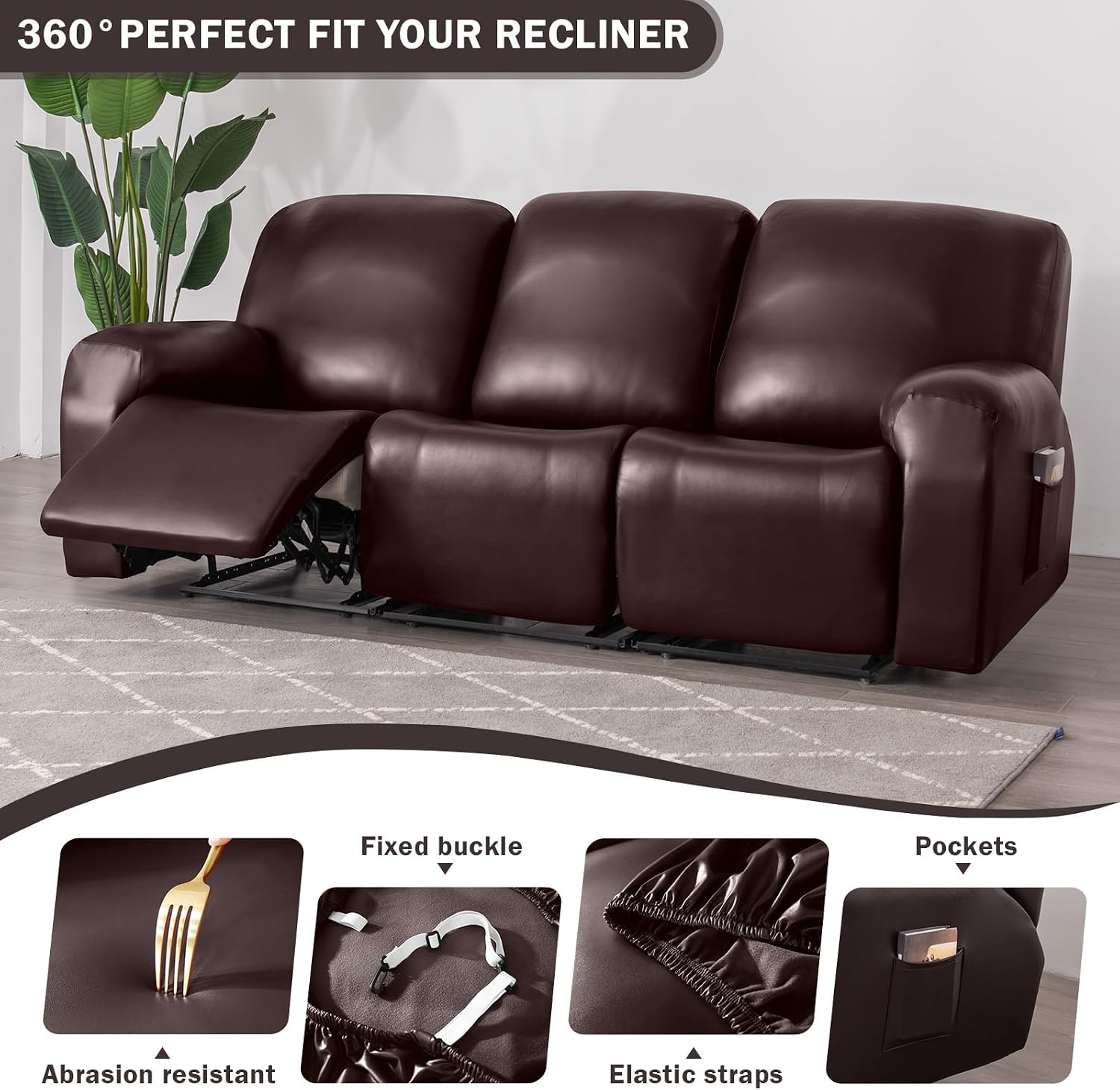 vctops 8 Pieces Waterproof Faux PU Leather Recliner Sofa Covers Stretch Soft 3 Seats Couch Cover Anti-Slip Sofa Slipcover Furniture Protector with Elastic Bottom for Kids Pet(Dark Coffee,3 Seat)