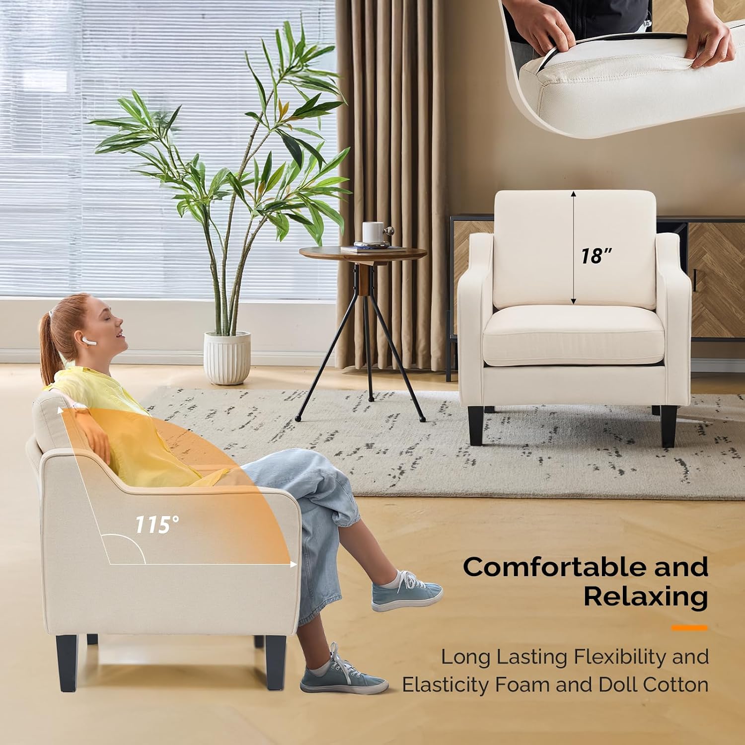 VINGLI Beige Accent Chairs for Living Room, Line Comfy Upholstered Chair Mid Century Modern Armchair for Bedroom, Home Office, Small Spaces, Apartment