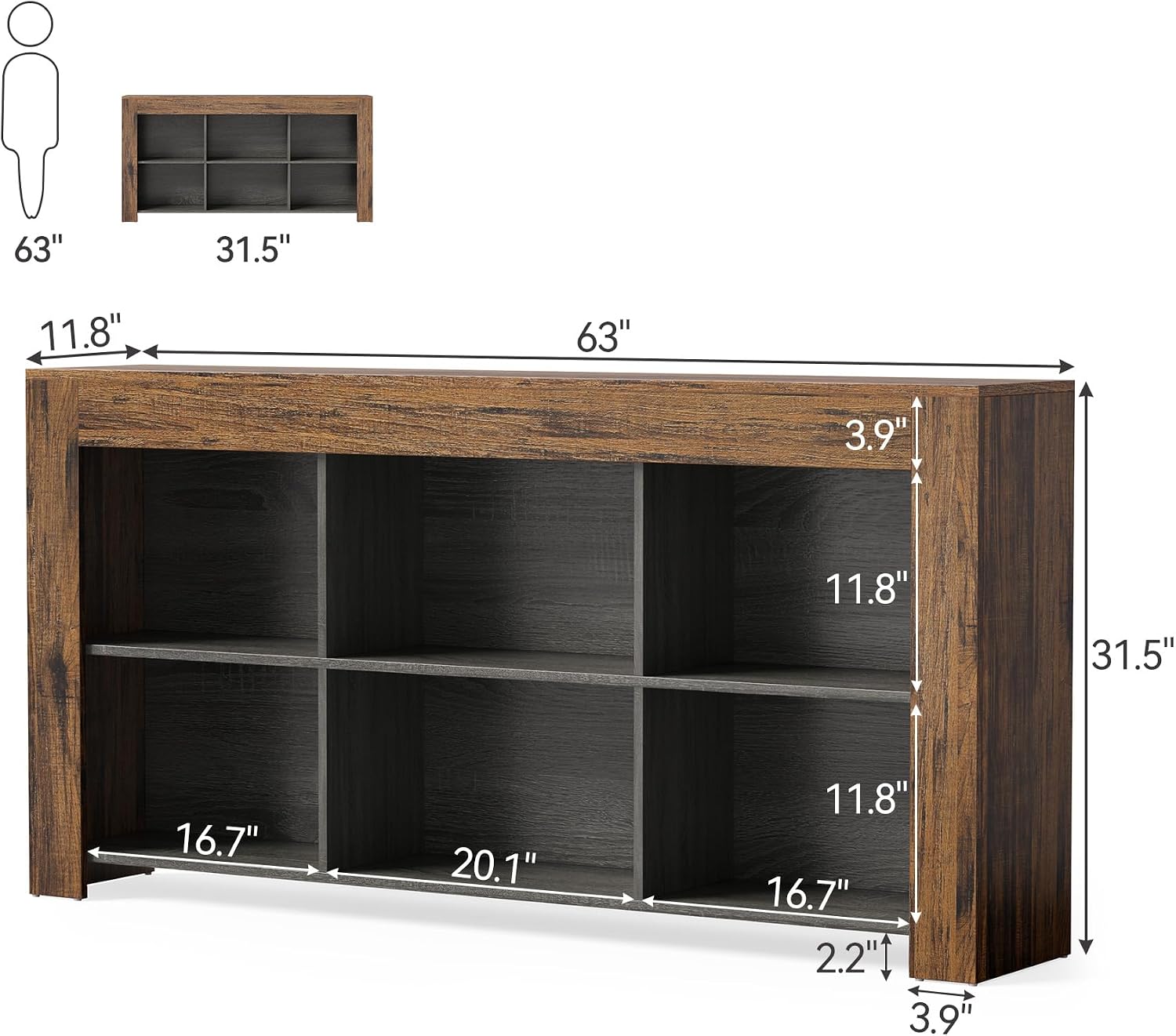 LITTLE TREE Console Table with Storage, 63-Inch Narrow Long Sofa Table, Entryway Table with 6 Cubes, Farmhouse Storage Shelves for Entryway, Living Room