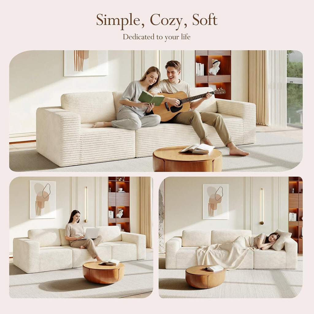 Vesgantti 119' Modular Sectional Sofa, Corduroy Cloud Couch with Deep Seating & Spring Support, 3 Seater Flexible Layout Sofa, Boneless Couch for Living Room & Apartment, No Assembly Required, Beige