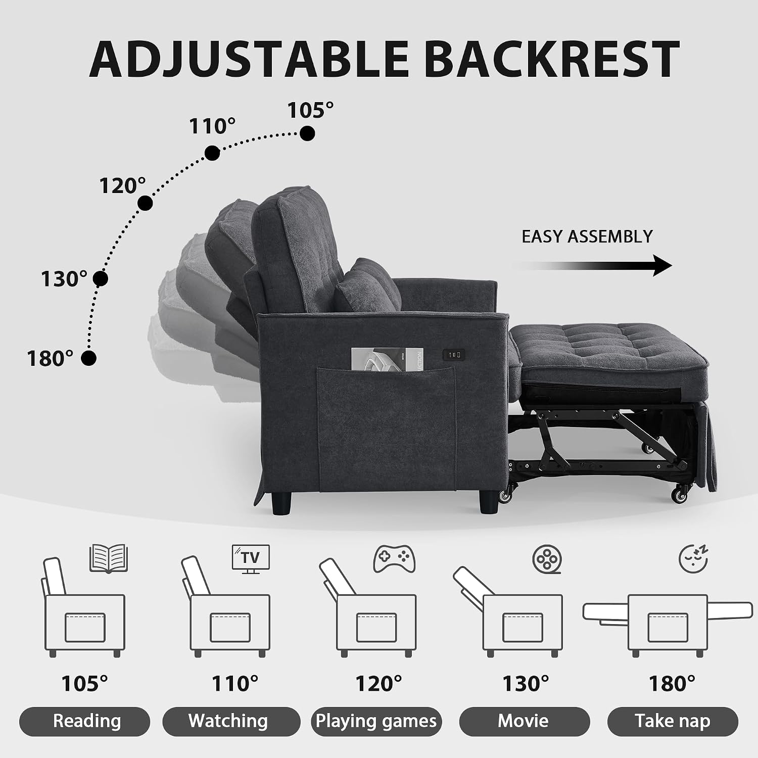 Convertible Sofa Bed, 3 in 1 Pull Out Couch, Loveseat Sleeper with Side Pocket, Living Room Sofa with Adjustable Backrest | USB Charging Port | Two Pillows | Fabric | Slate Gray