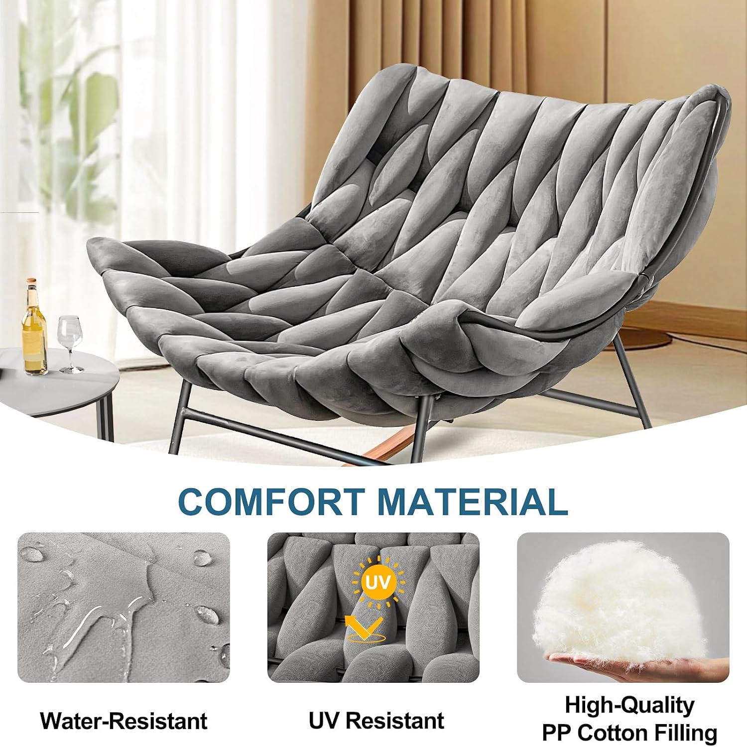 Outdoor Royal Rocking Chair, Velvet Papasan Rocking Chair – 30° Rocker, Outdoor Patio Egg Reclining Lounge Rocking Chair for Balcony Porch Patio, Braided Design