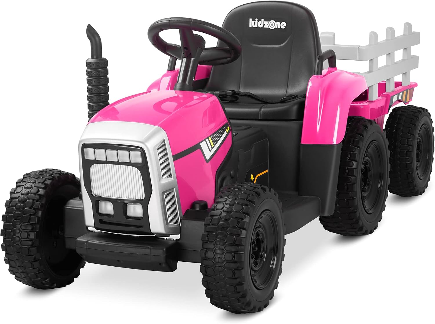 Kidzone 12V7AH Premium Version w/EVA Treaded Tires Dual 35W Motors Boost Power Torque Remote Control Electric Tractor w/Trailer Toddler Ride On Toy 3-Gear-Shift, 7-LED Lights Bluetooth,Pink