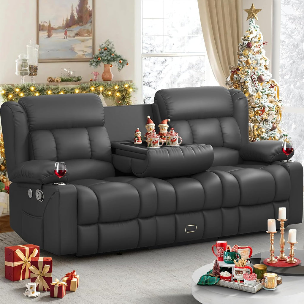 Dresegmt Loveseat Recliner Sofa, Flip Middle Backrest Design PU Leather 3 Seat Reclining Sofa with Storage Drawer, Manual Couch for Living Room/RV (Gray, PU)