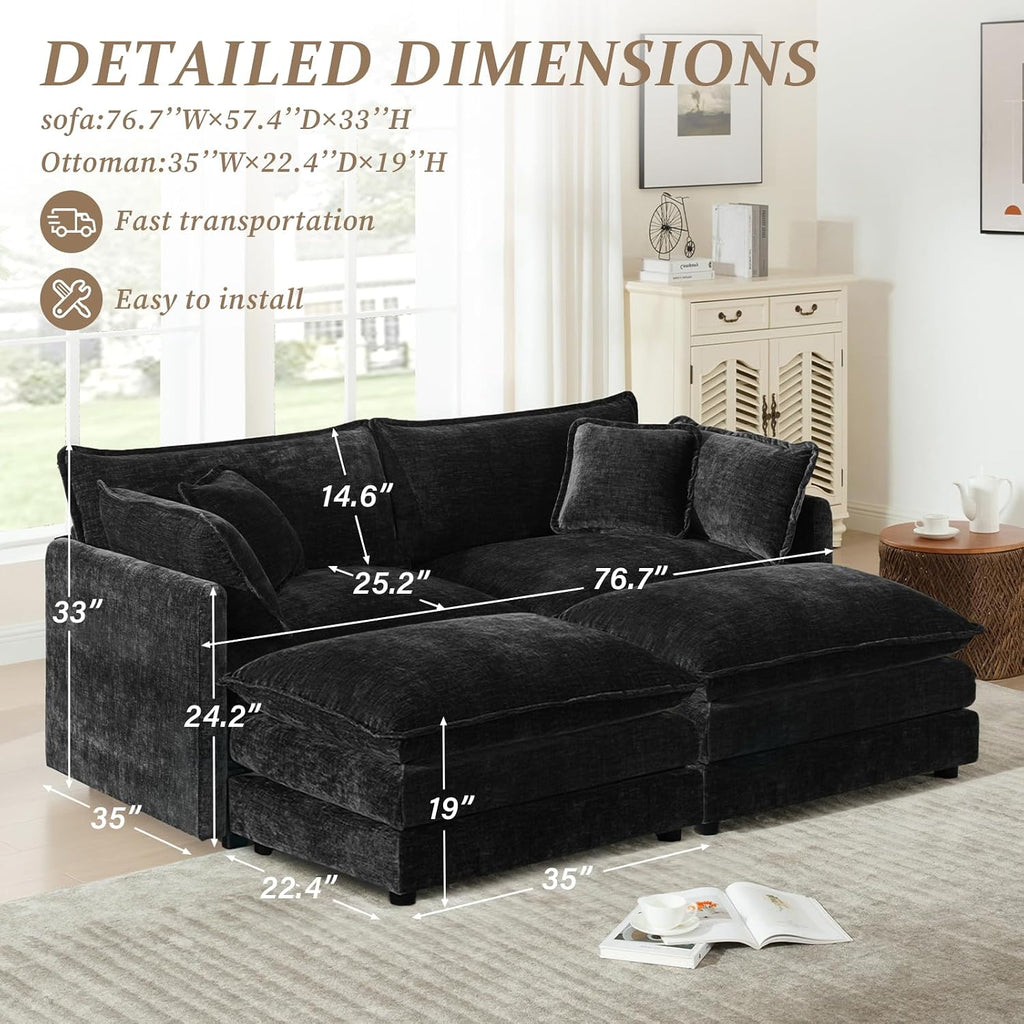 SoarFlash Chenille Sectional Sofa, Comfy Modular Coush Sofa with Ottoman, Modern 2 Seat Recliner Deep Seat Sofa Set for Living Room,Black
