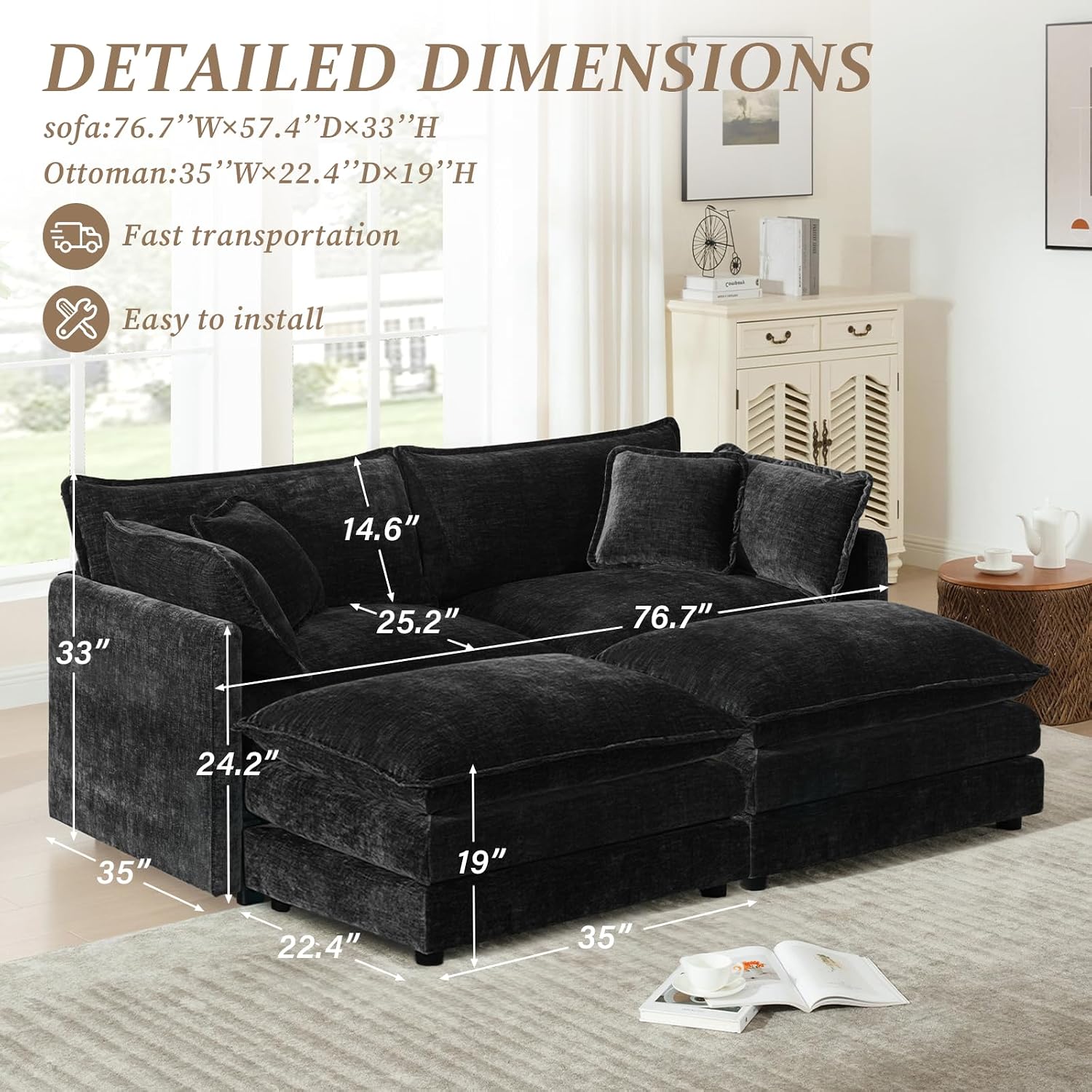 SoarFlash Chenille Sectional Sofa, Comfy Modular Coush Sofa with Ottoman, Modern 2 Seat Recliner Deep Seat Sofa Set for Living Room,Black
