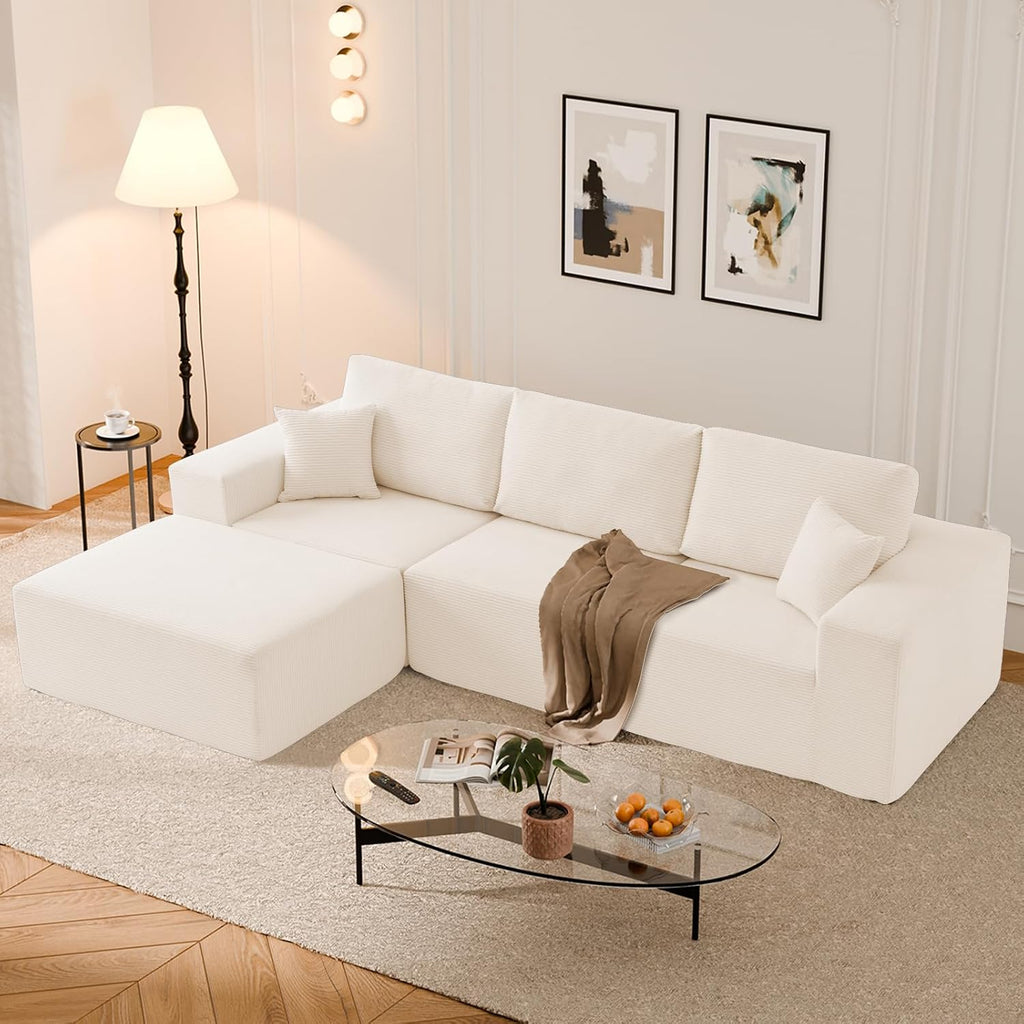 108' L-Shaped Boneless Couch, High Seat Modular Sectional Sofa with Moveable Ottoman, Corduroy Cloud Couches for Living Room, No Assembly, Ship in a Box, White