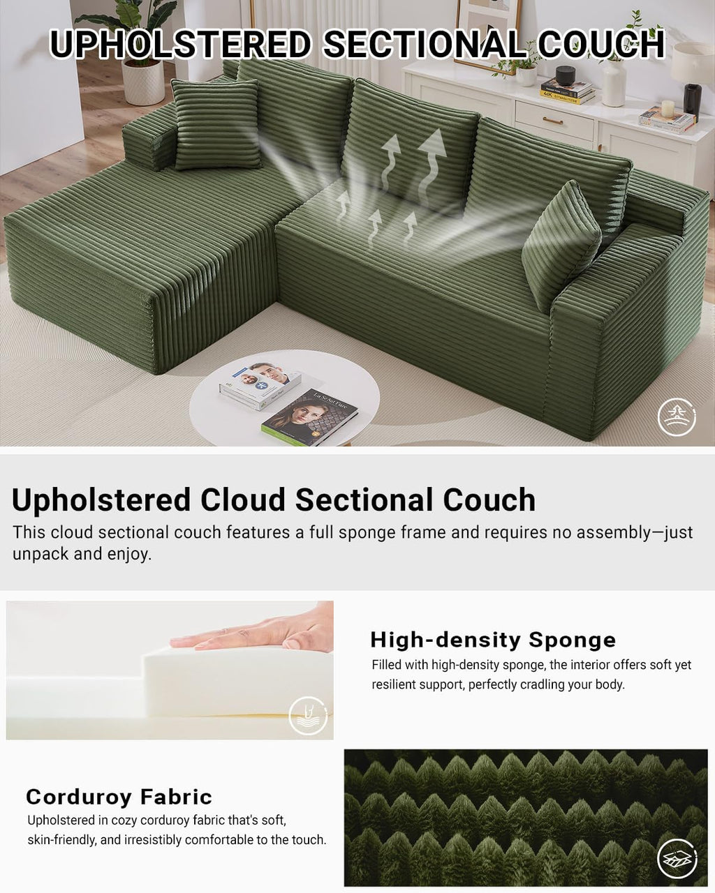 Cloud Sectional Couch,105 Inch Modern Modular Sectional Sofa with Deep Seat,Corduroy Boneless Couches with L-Shape Chaise for Living Room Bedroom,No Assembly Required (Green, Left Facing Chaise)