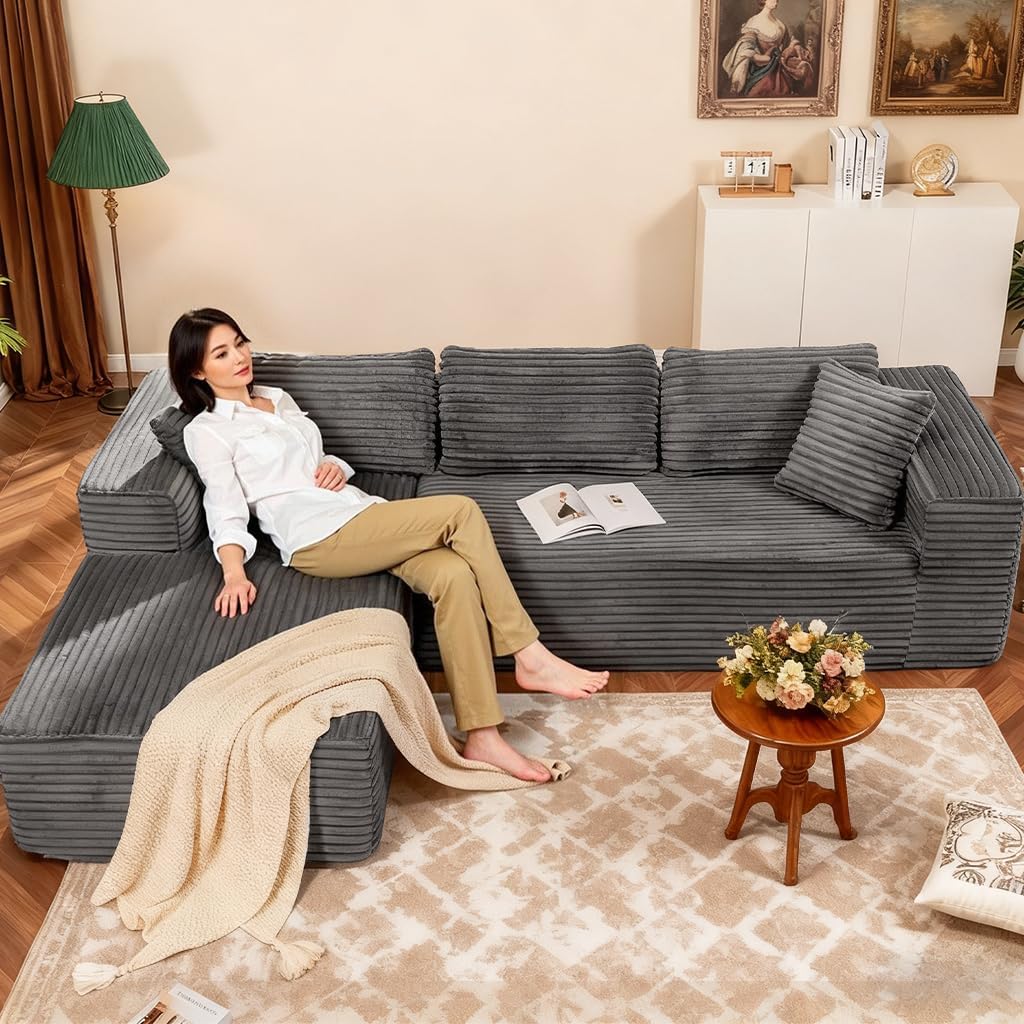 COMHOMA 105'Modular Sectional Sofa with Deep Seat,Cloud Upholstered L-Shape Couch Wide Arms Corduroy Fabric High-Density Foam Chaise Lounge for Living Room No Assembly Required