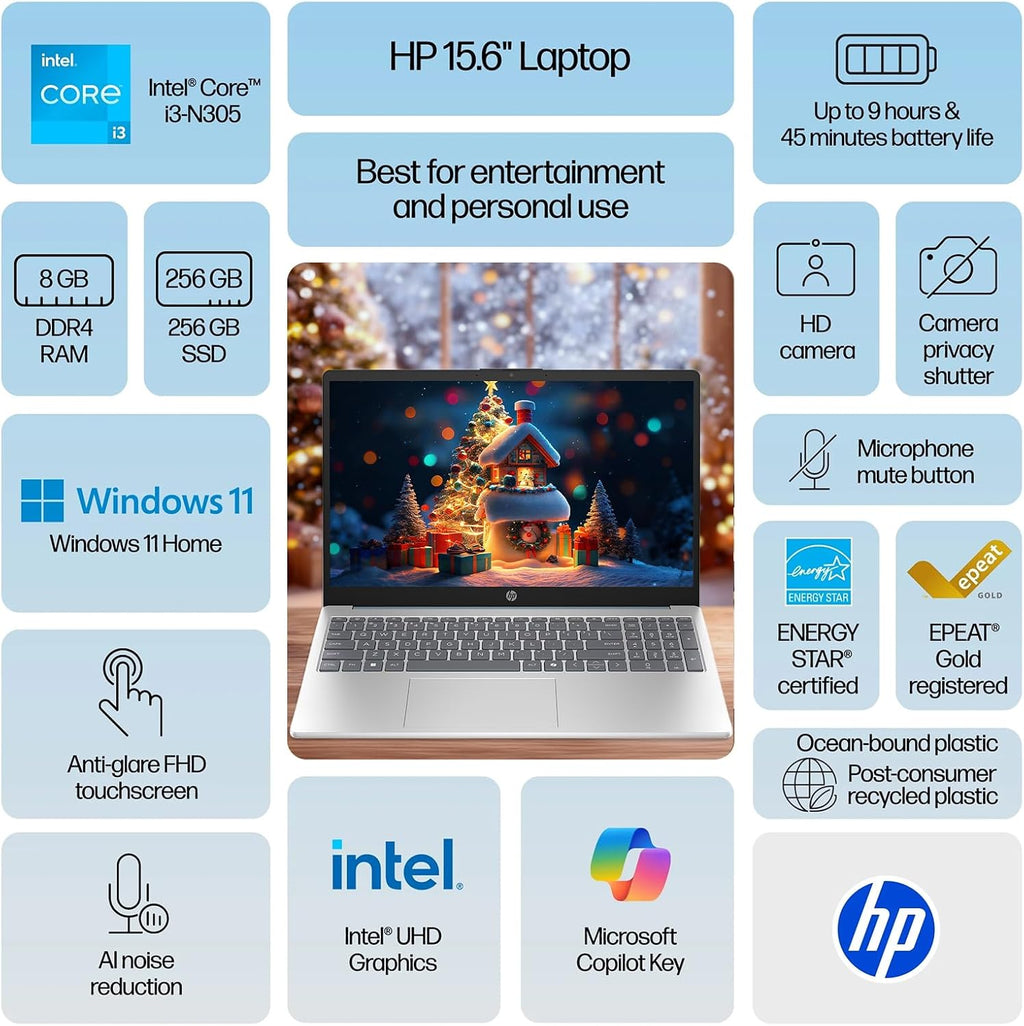 HP 2025 Business Touchscreen Laptop Computer, 15.6' FHD Touch Display, Intel Core i3‑N305 (8-Core), Wi‑Fi 6, Win 11 Pro, Copilot AI, Long Battery Life, w/Redragon Kit, Blue, 32GB RAM, 1TB SSD