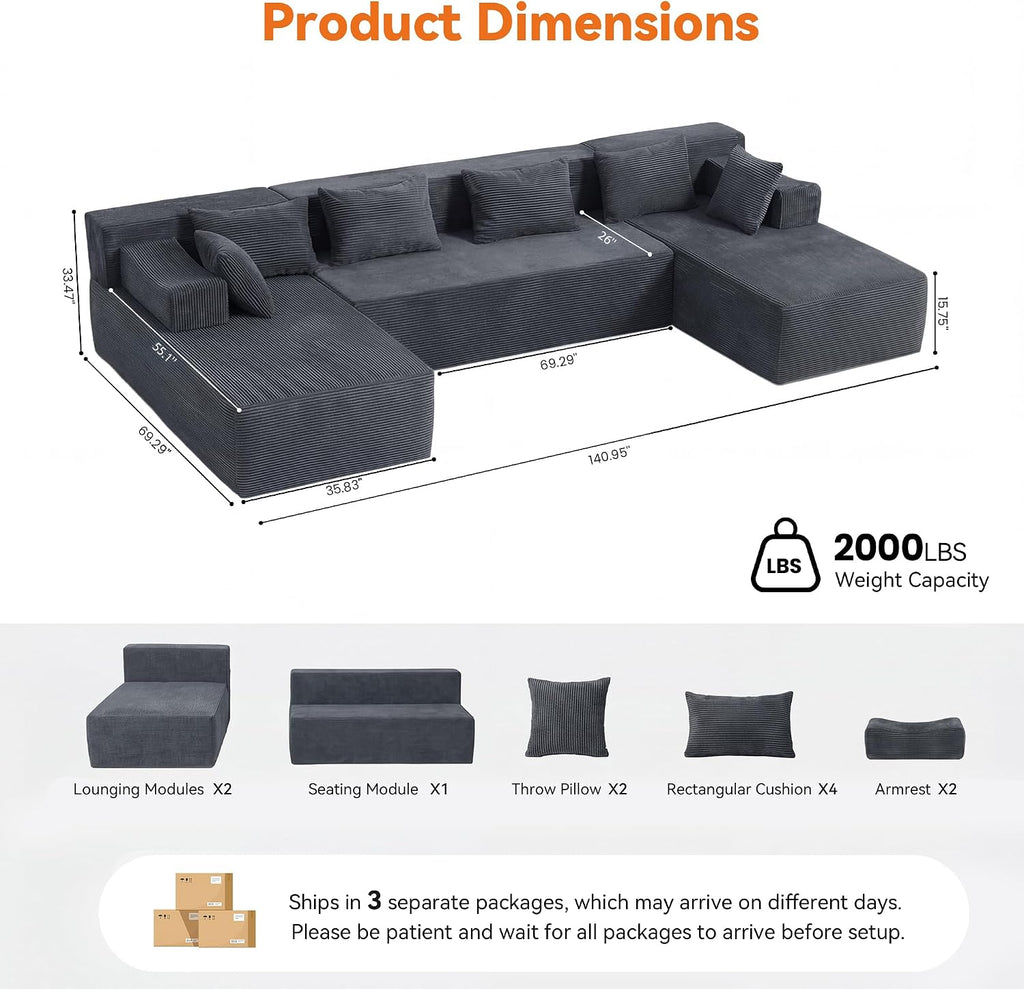 MONVANE 141' U Shaped Cloud Sectional Couch with Chaise Lounge, Modular Sectional Sofa with Removable Armrests, Comfy Corduroy Boneless Couches for Living Room, No Assembly Required, Grey