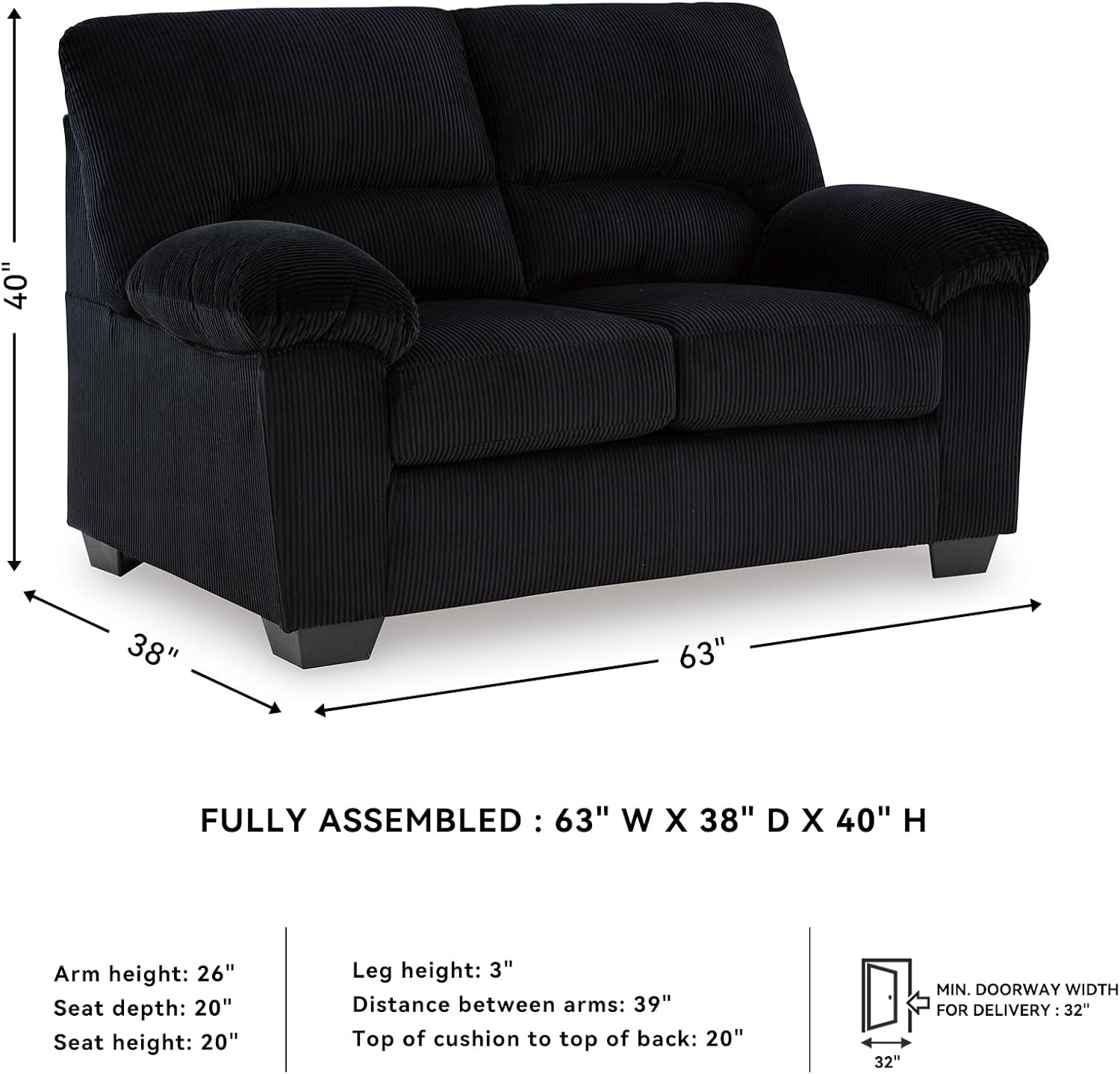 Signature Design by Ashley SimpleJoy Modern Loveseat for Living Room, Black