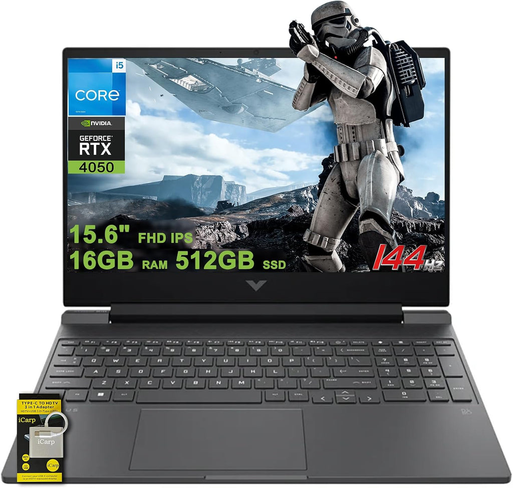 HP Victus Gaming Laptop 15.6' FHD IPS 144Hz Intel 8-core i5-13420H (>i7-12650H) 16GB RAM 512GB SSD GeForce RTX 4050 Backlit Type-C B&O Fast Charging Win11 ICP Hub