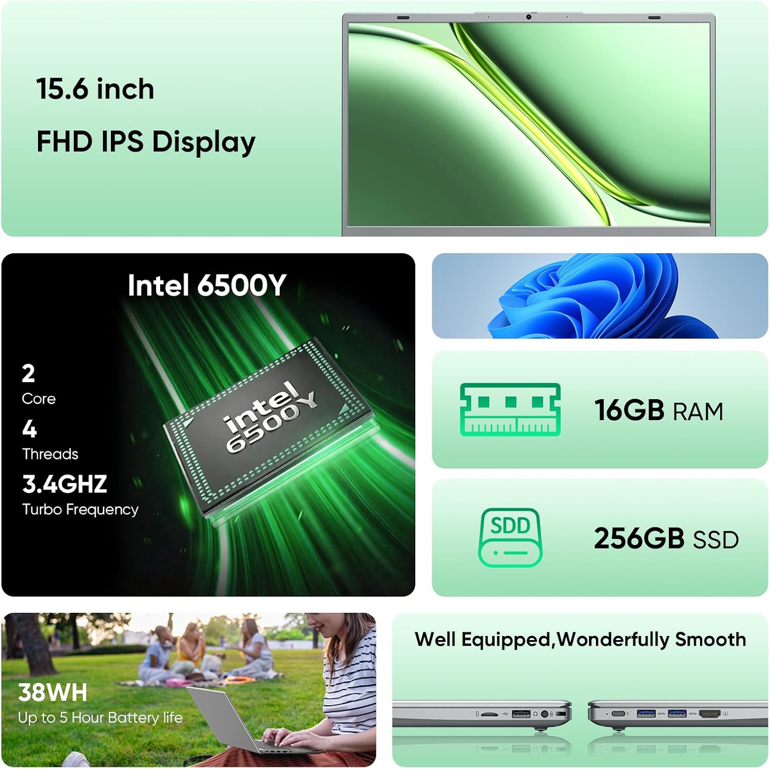 15.6' Full HD Laptop with 16GB RAM 256GB SSD,Laptop Computer, Dual-core 6500Y Processor Up to 3.4GHz,WiFi5,USB-C, Poratable Business and Student Laptops,Sliver