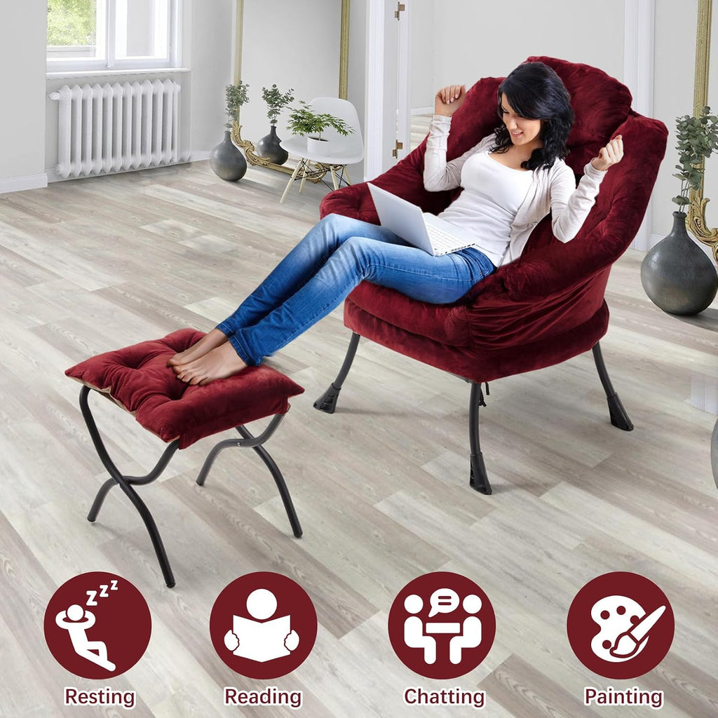 Lazy Chair with Folding Ottoman,Leisure Sofa Chair,Soft Fabric Armchair with Armrests and Side Pockets, Reading Chair with Footrest for Living Room, Bedroom, Office (Plush Red)
