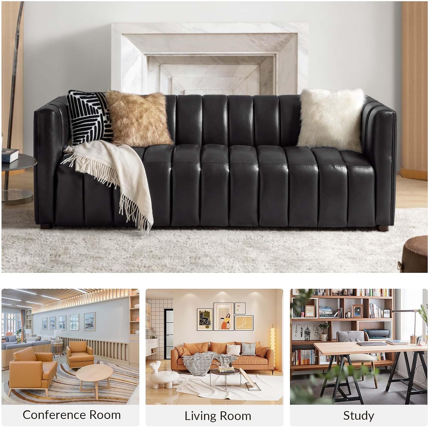 HULALA HOME 83' Genuine Leather Sofa with Channel Tufted Design, 3-Seater Sofa for Living Room Bedroom, Modern Oversized Couch with Wood Legs, Black