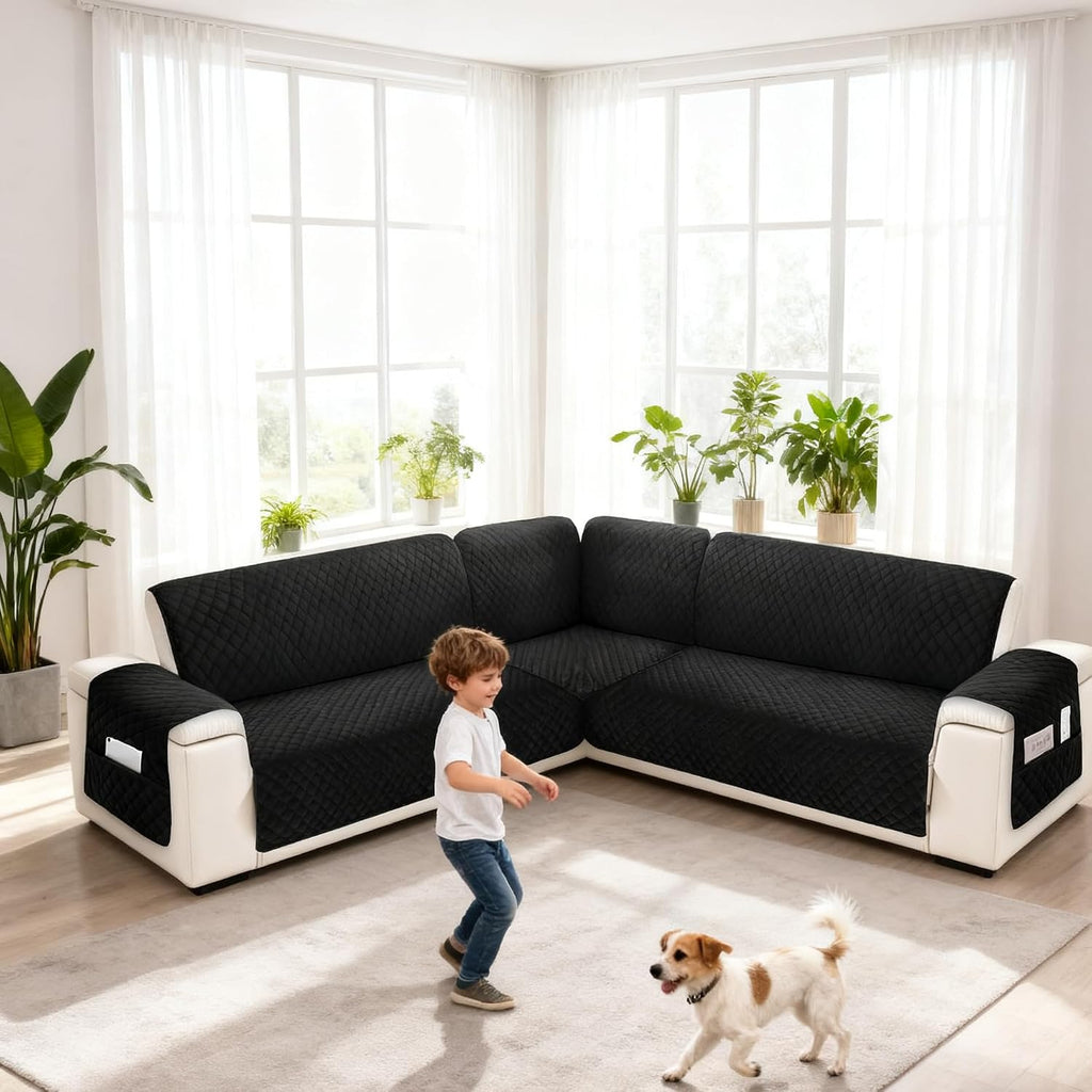 Sectional Couch Covers for Dogs 100% Waterproof Corner L Shaped Sofa Cover Pet Friendly Velvet Washable Anti Slip L Shape Modular Sofa Slipcover Protector with Pockets (Black, Large)
