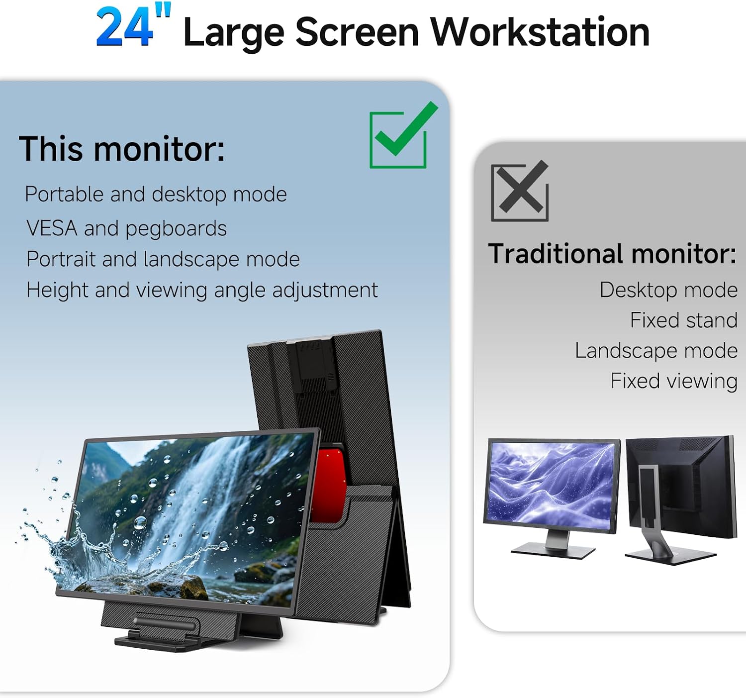 24' Large Portable Monitor, IPS USB-C HDMI Work Home Gaming Second Monitor 4.2' Height & 90° Rotation Adjustable Stand for Laptop, MacBook, Phones, PS4&5, Switch Xbox