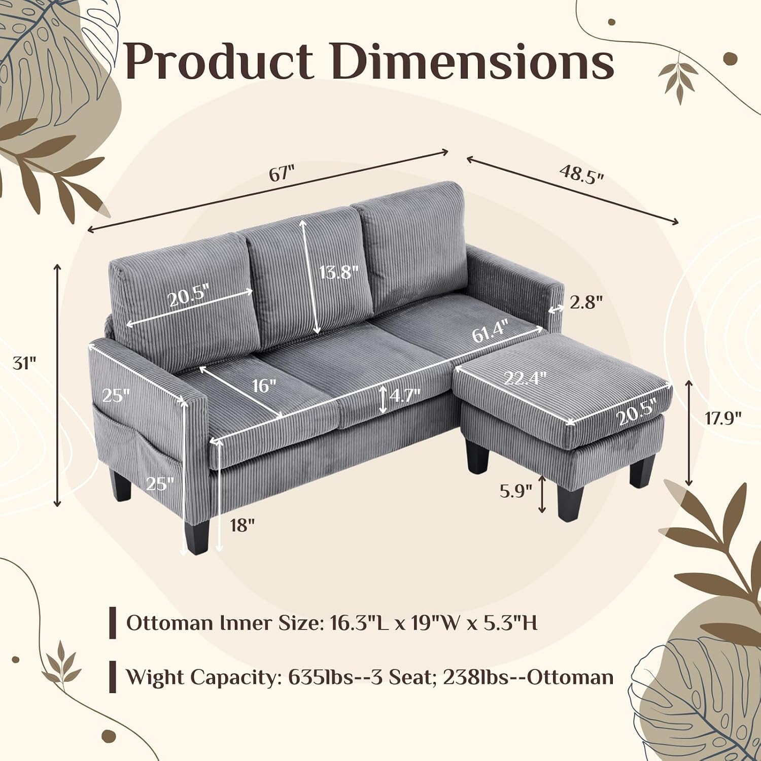 Karl home Small Sectional Couch L Shaped Sofa with Movable Storage Ottoman Corduroy Upholostered Sofa Chaise with Side Pockets for Living Room, Apartment, Studio, Gray