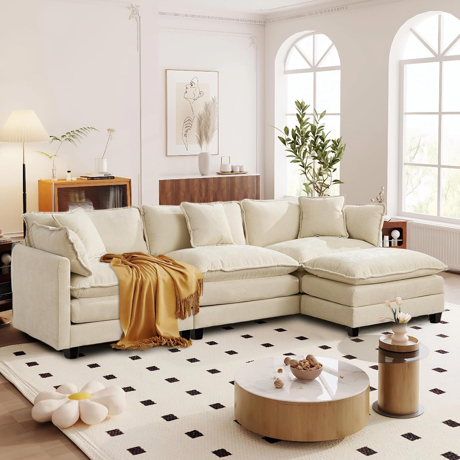 SoarFlash 113.78' Chenille Sectional Sofa, Comfy L Shaped Modular Coush Sofa with Ottoman, Modern 4 Seat Couch Deep Seat Sofa Set for Living Room,Beige