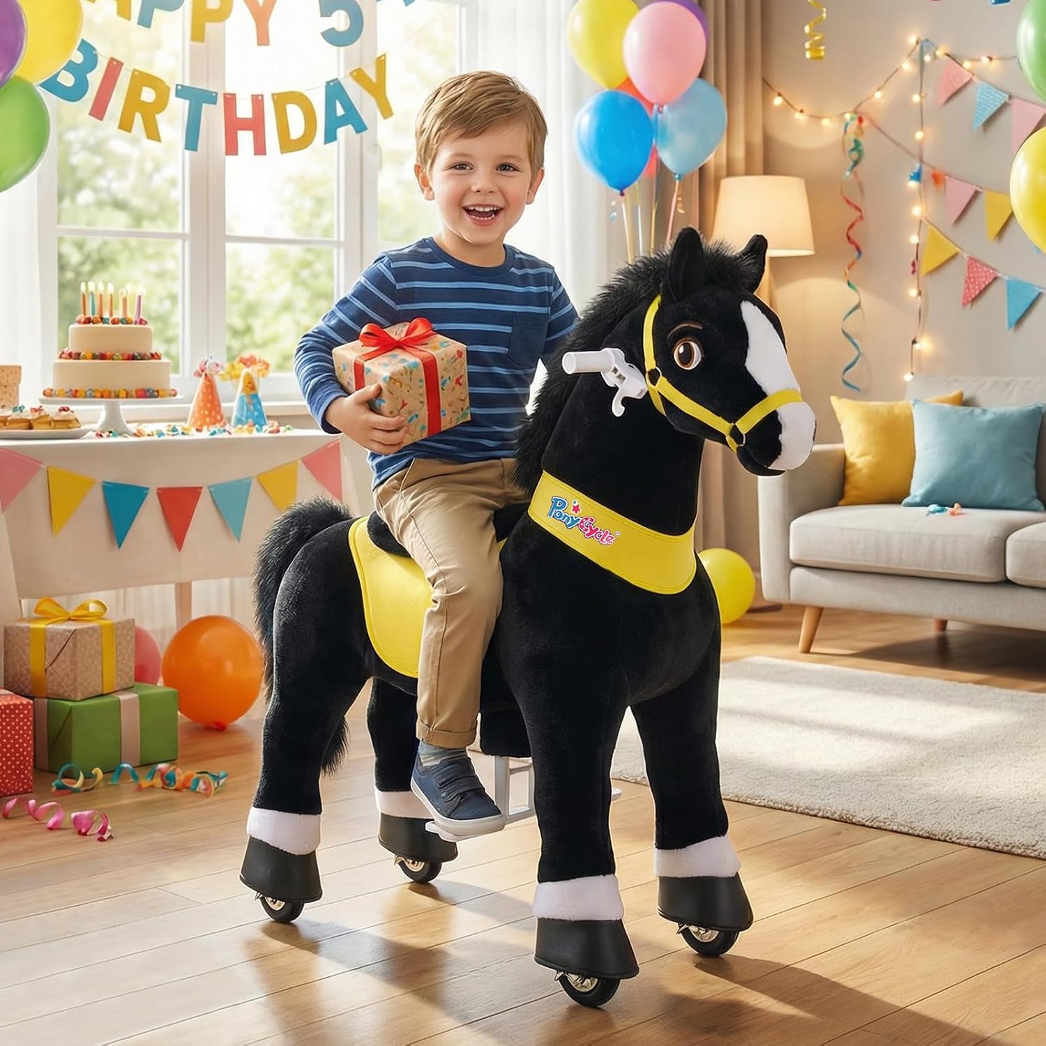PonyCycle Kids Ride on Toys Horses for Toddlers 3-4 Ride on Horse Walking Horse Size 3 No Battery Required Pony Cycle Plush Animal Giddy up Spirit Riding Toys Black E338