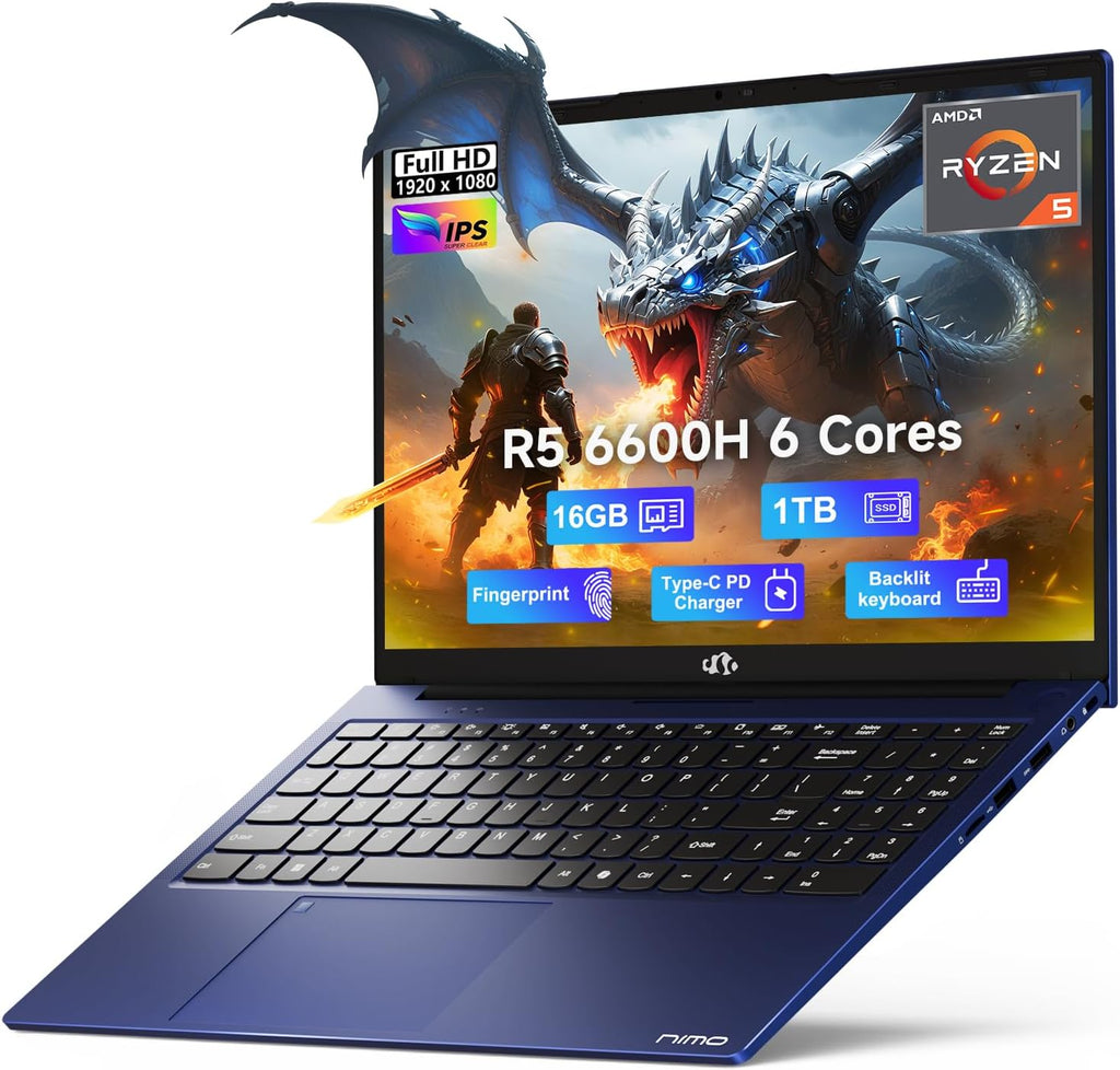 NIMO 15.6 FHD-Business-Gaming-Laptop, 6-Cores 660M GPU, AMD Ryzen 5 6600H 16GB DDR5 1TB SSD (Beat i7-1165G7, Up to 4.5GHz) IPS Laptop Computer with 100W Type C Fingerprint Backlit Keyboard