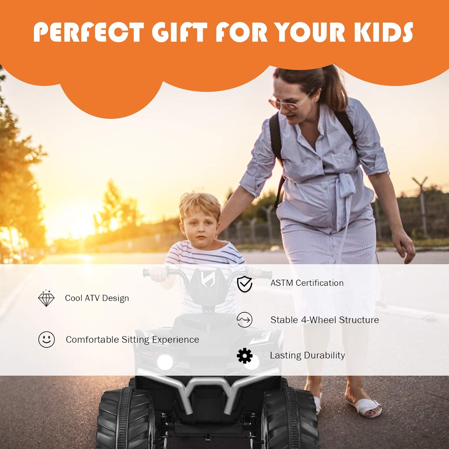 Costzon Kids ATV, 12V Battery Powered Electric Vehicle w/LED Lights, High & Low Speed, Horn, Music, USB, Treaded Tires, Ride on Car 4 Wheeler Quad for Boys & Girls Gift, Ride on ATV (Black)