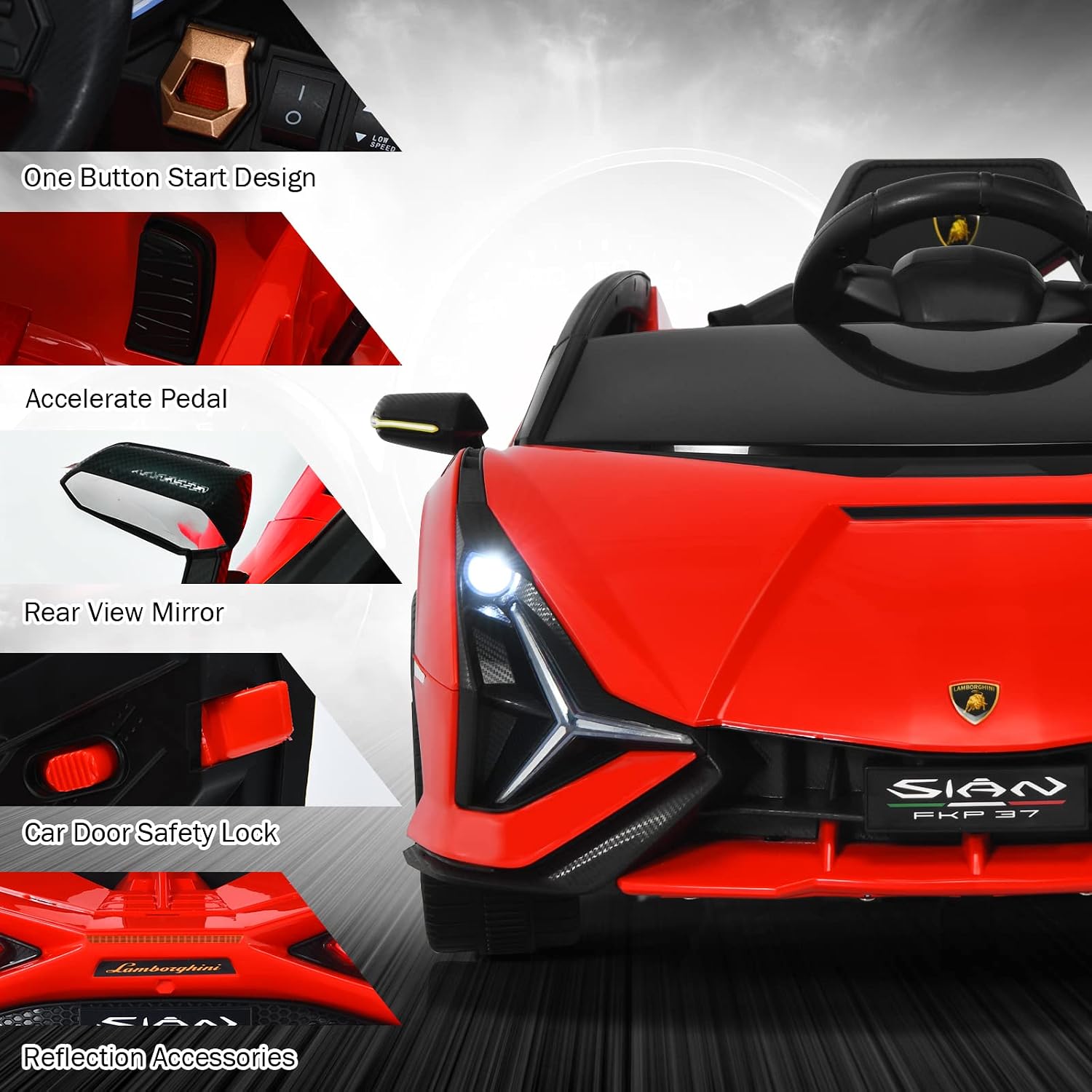 INFANS 12V Licensed Lamborghini Sian Kids Ride On Car with Parent Remote Control, Spring Suspension, MP3 Player, Electric Toy Roadster Carbon Fiber Textured for Toddler (Red)