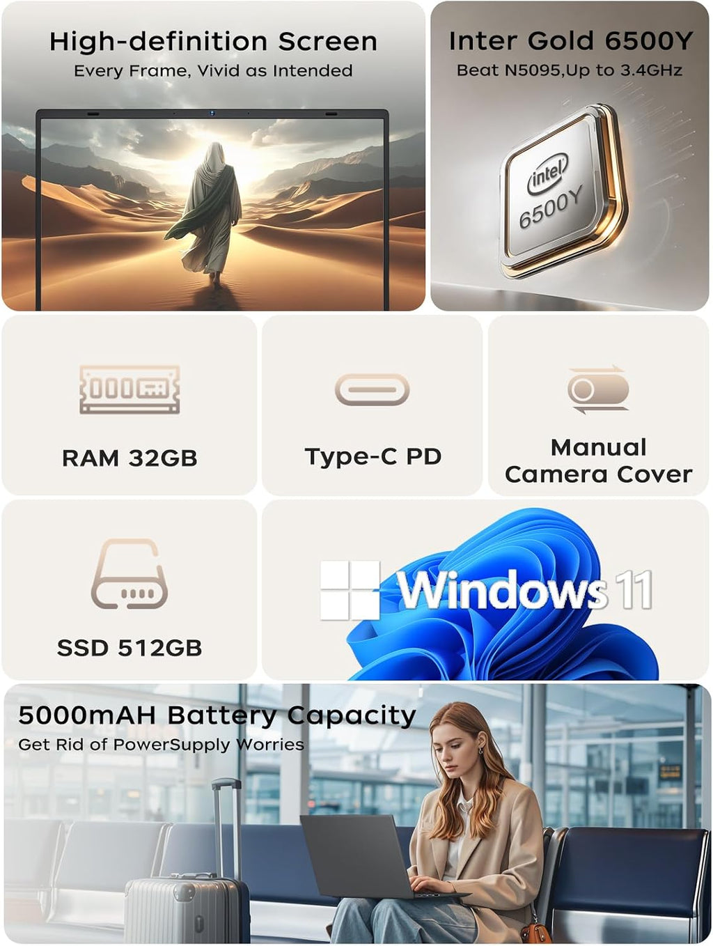 BLUEING 15.6-Inch Laptop Computer, Gold 6500Y Processor (Up to 3.4GHz), 32GB RAM 512GB SSD, 1080P FHD IPS Display, Win11, Type-C, HDMI, USB3.2, BT5.2, WiFi 5, Laptops