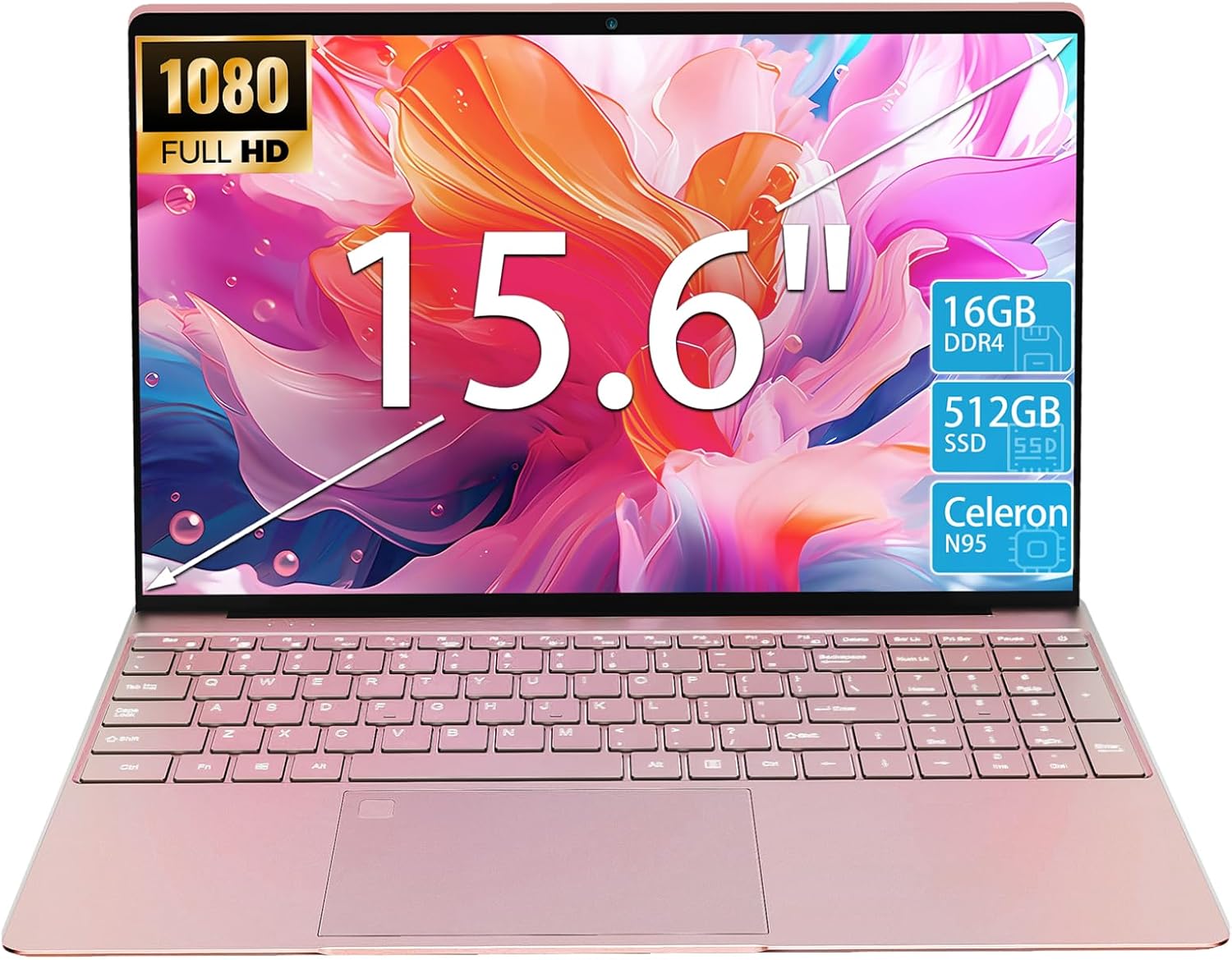 15.6' Laptop Computer, N95 Processor (4C4T, 1.7-3.4GHz) Gaming Laptop 16GB RAM 512GB PCIe SSD, FHD Display, Backlit Keyboard, Fingerprint Unlock, Students Business Laptop PC Win11 Pro OS,Rose Gold
