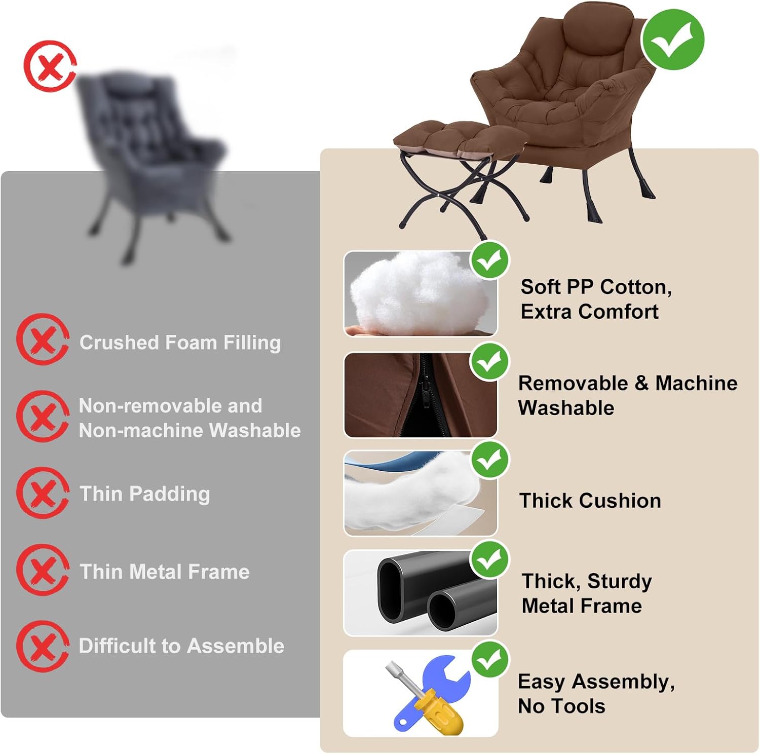 Furlide Lazy Chair with Ottoman, Modern Accent Chairs with Folding Footrest, Dark Brown Sofa Chair Set, Comfortable Reading Chairs, Oversized Armchairs for Bedroom, Study, Living Room, Courtyard
