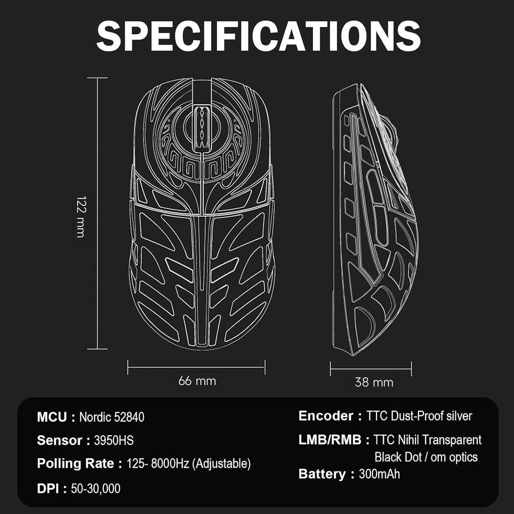WLMOUSE Strider Magnesium Gaming Mouse 45g Superlight Magnesium Alloy Wireless Gaming Mouse, 125-8000Hz (Adjustable) Wireless Polling Rate, PAW 3950 HS Sensor, for PC/Laptop/Mac(Strider TTC-Gold)