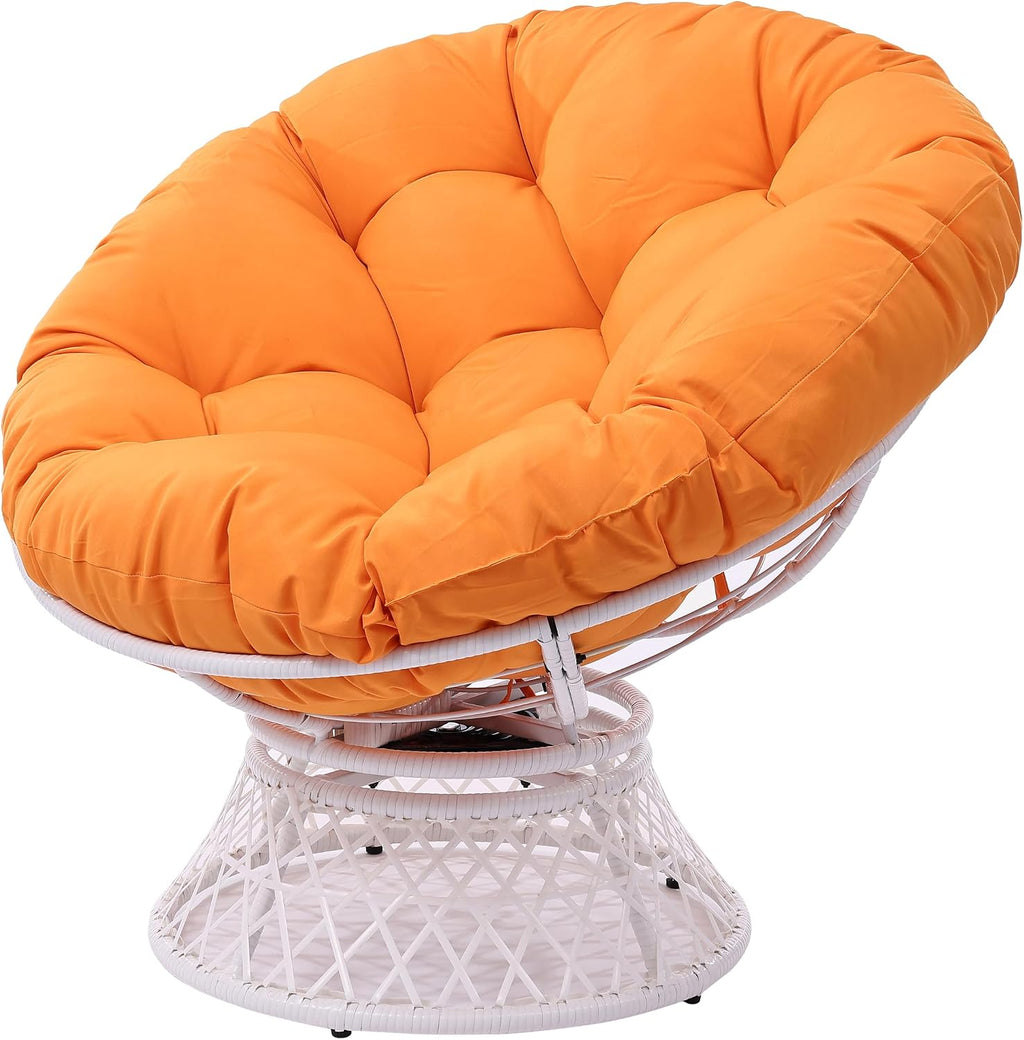 GLORY PATIO 360° Swivel Papasan Chair - 350lbs Capacity Indoor/Outdoor Wicker Lounge Chair with Thick Cushion, Modern Accent Chair for Living Room, Bedroom, Patio (White Frame & Orange Cushion)