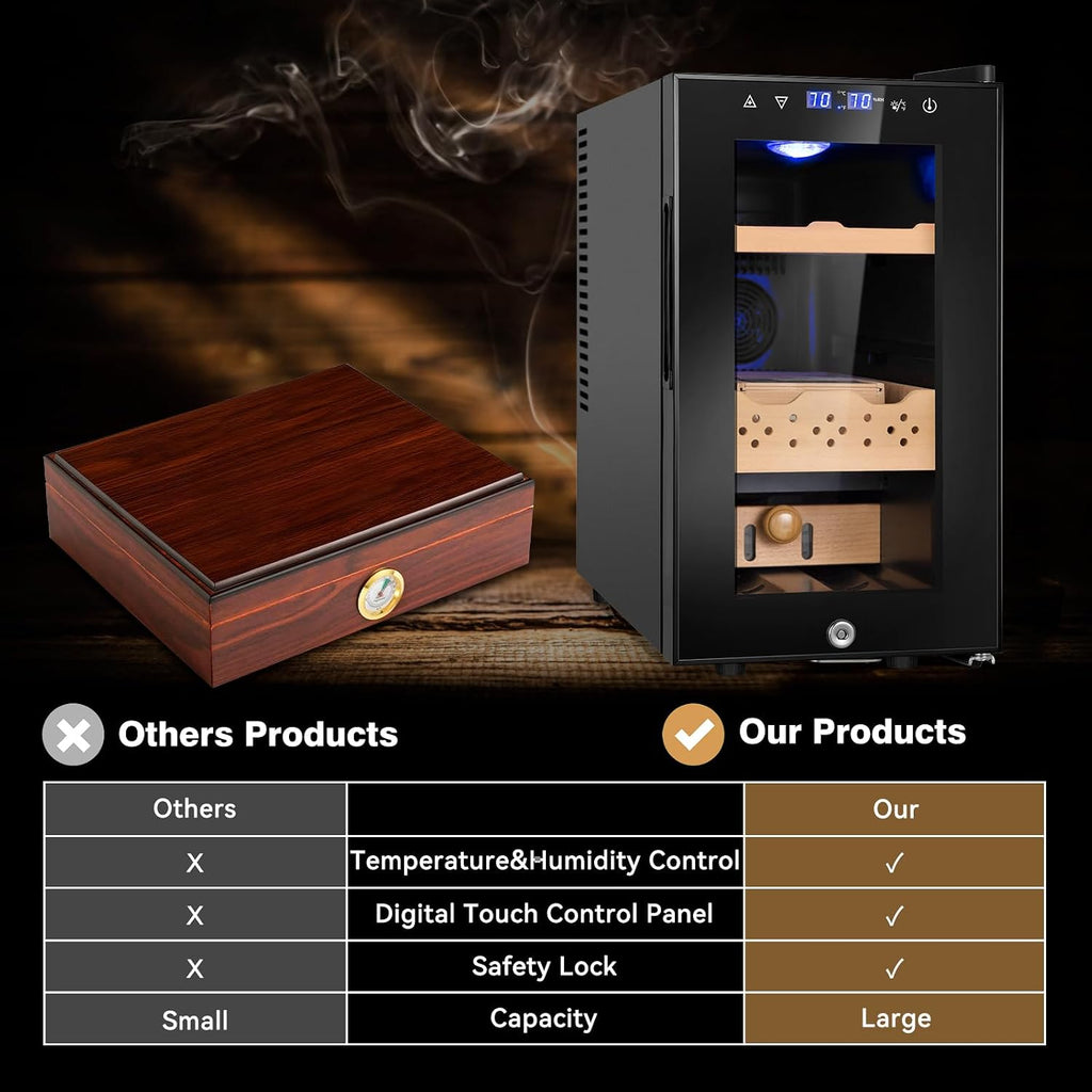 Electric Cooler Cabinet 25L with Temperature and Humidity Control, Spanish Cedar Wood Shelves and Safety Lock (200 Counts Capacity), Gift for Men