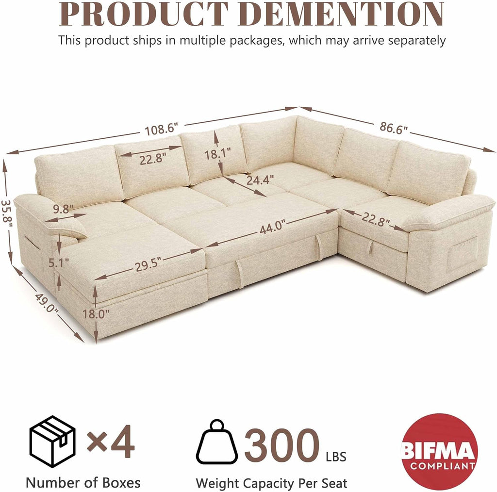 108 Inch Modular Sectional Sofa with Pull Out Bed,U Shaped 7 Seat Sectional Sleeper Sofa with Storage,Sectional Couches for Living Room,Cloud Modular Couch,Removable Sofa Cover,Beige
